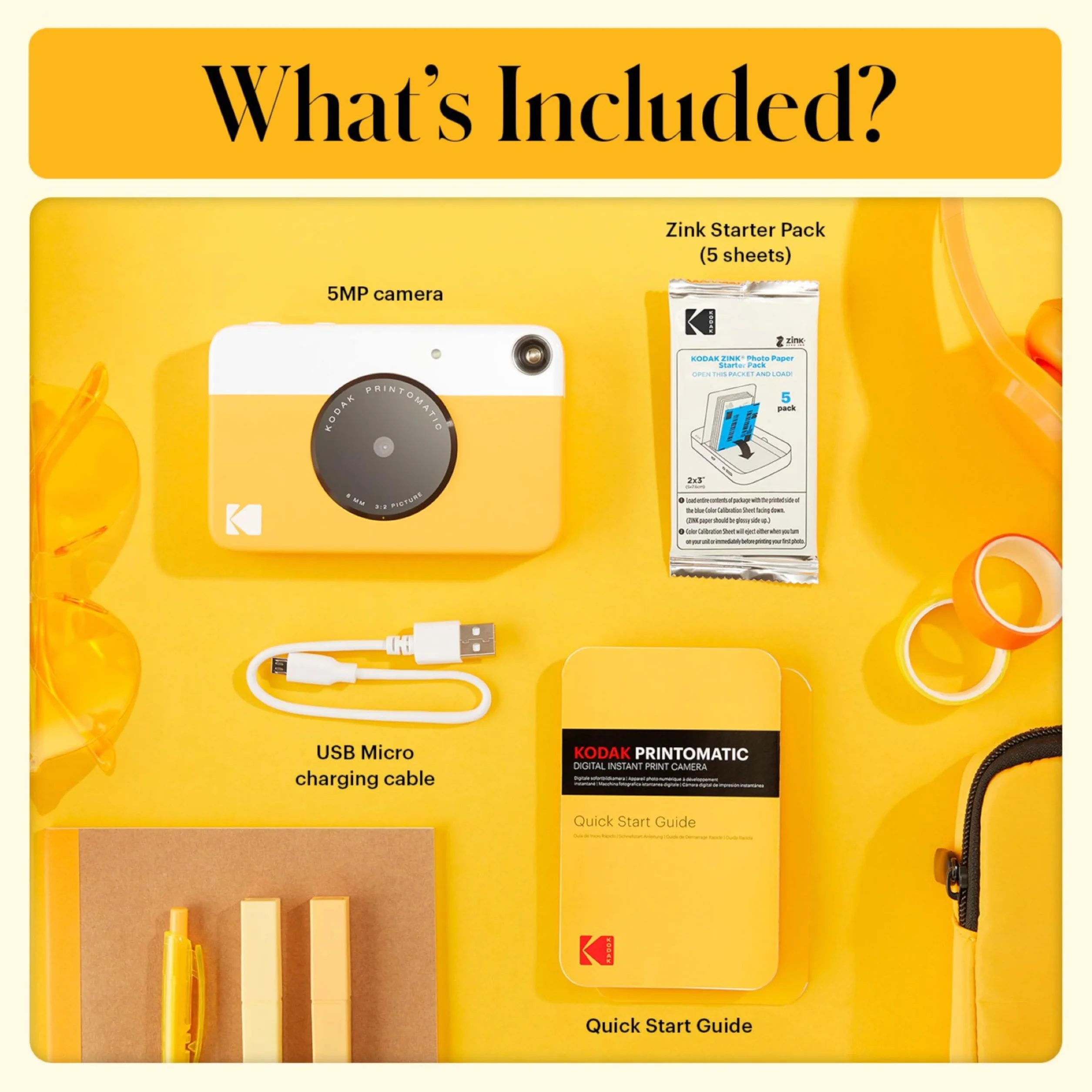 KODAK Printomatic Pacchetto iniziale per macchina fotografica a stampa istantanea a colori + Custodia morbida + Carta fotografica Zink da 20 pezzi - Foto colorate su carta adesiva 2x3" - Giallo