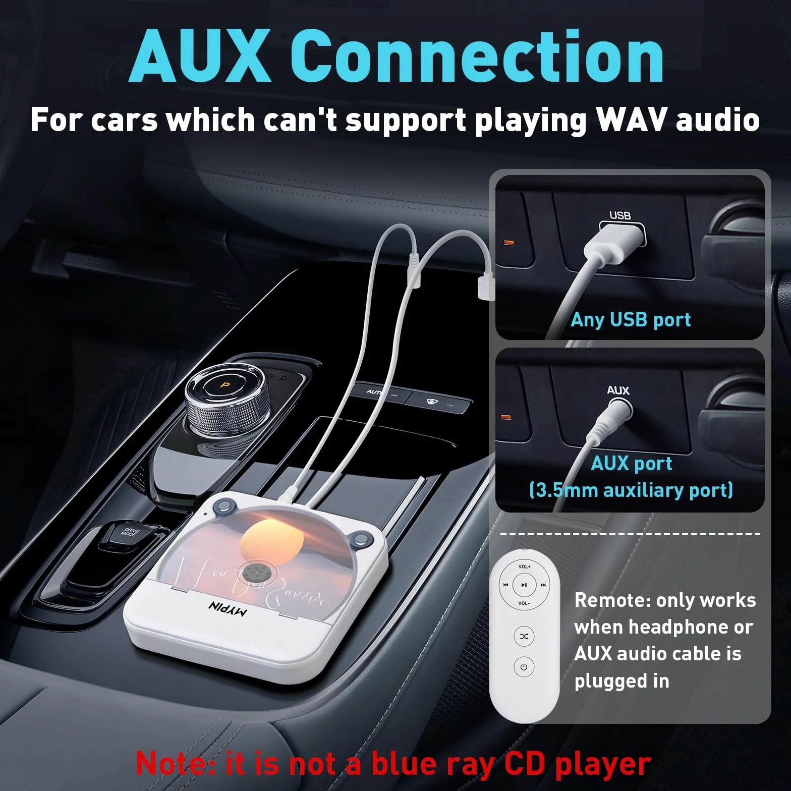 Lettore CD Portatile per Auto Porta USB AUX Compatibile Autoradio Laptop TV CD-MP3 CD-RW CD-R