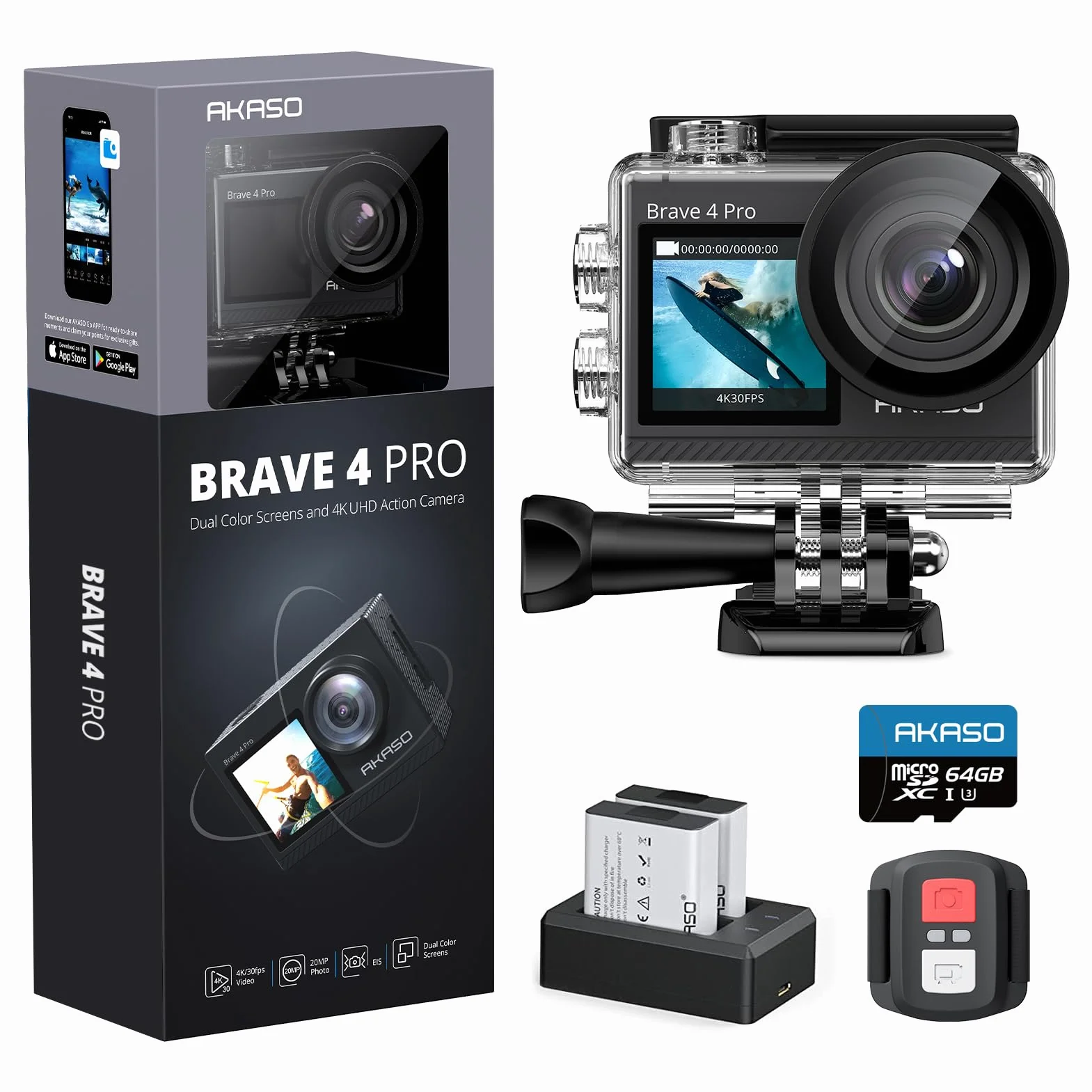 AKASO Brave 4 Pro Action Cam 4K 40M 64GB U3 Scheda di Memoria, Videocamera 20MP WiFi 170° Grandangolare Doppio Schermo EIS