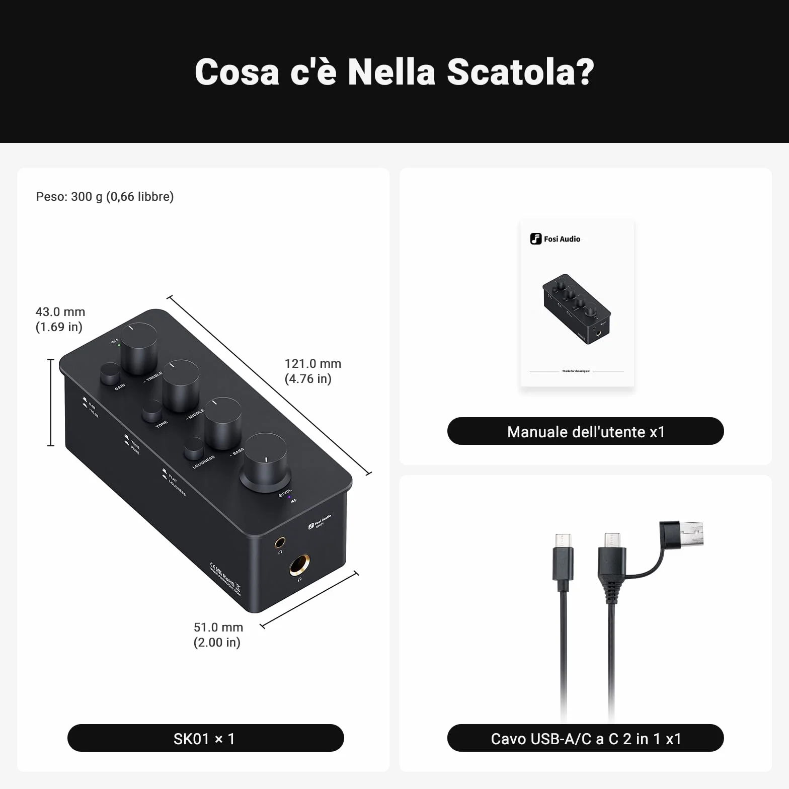 Fosi Audio SK01 Amplificatore Cuffie, Equalizzatore Audio, Classe A Amplificatore per Cuffie Portatile, Controllo dei Toni Medio Bassi e Alti, Compensazione del Volume, per Jack da 3,5mm&6,35mm