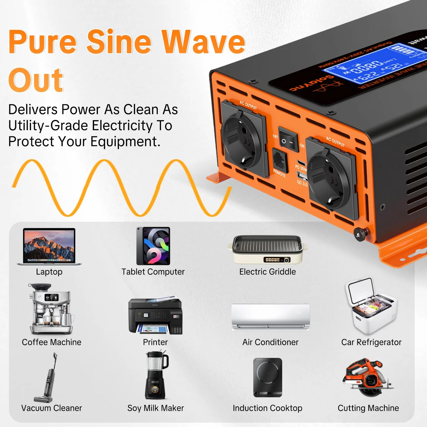 Inverter 1500W/3000W 12V 220/230V Onda Sinusoidale Pura,2 EU Presa,Porta Type-C da 30W e porta USB, telecomando LCD schermo LCD,Adatto per Elettrodomestici, Camper Campeggio