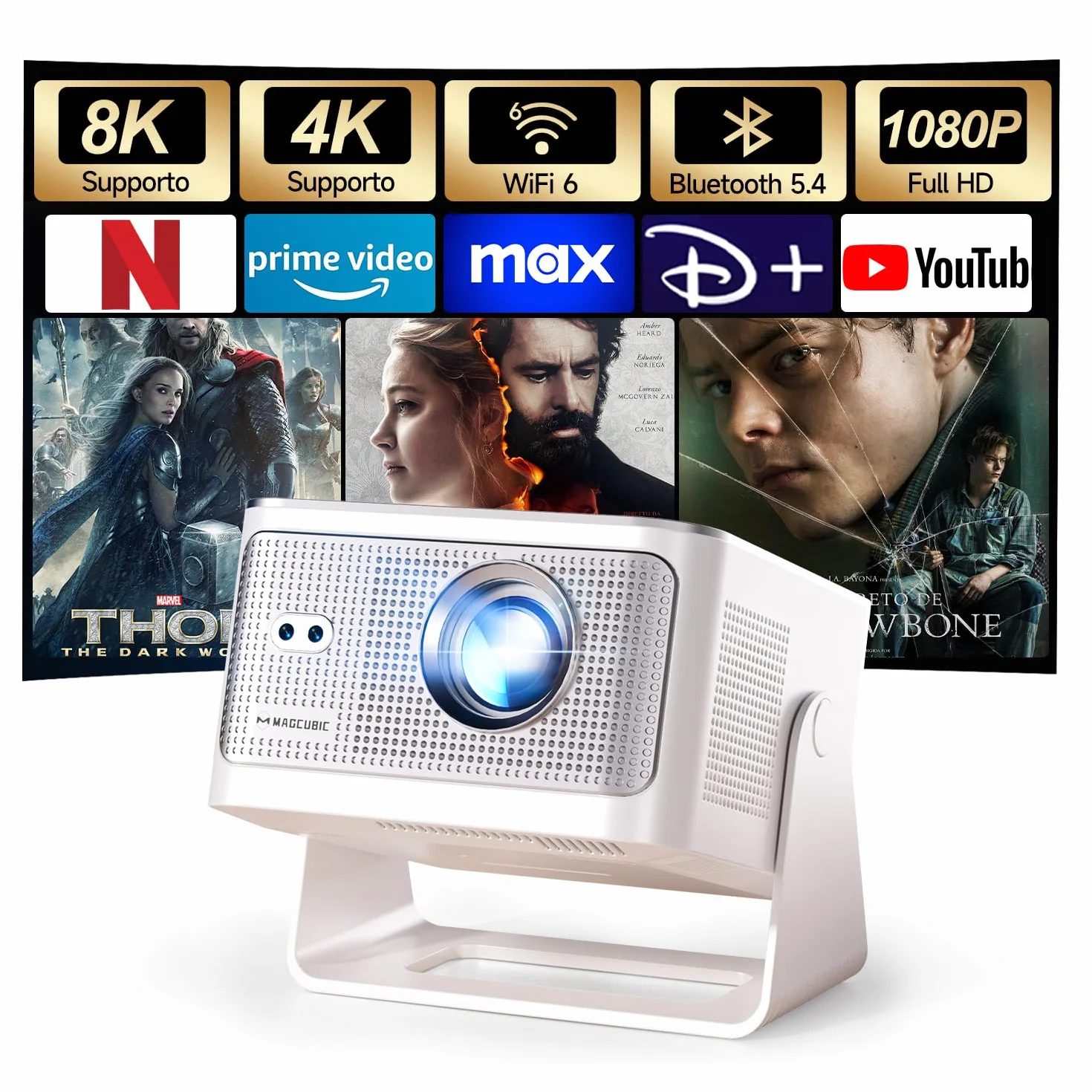 Mini Proiettore 4K 8K Supporta, Proiettore Portatile 1080P WiFi 6 Bluetooth 5.4 600ANSI HY350MAX