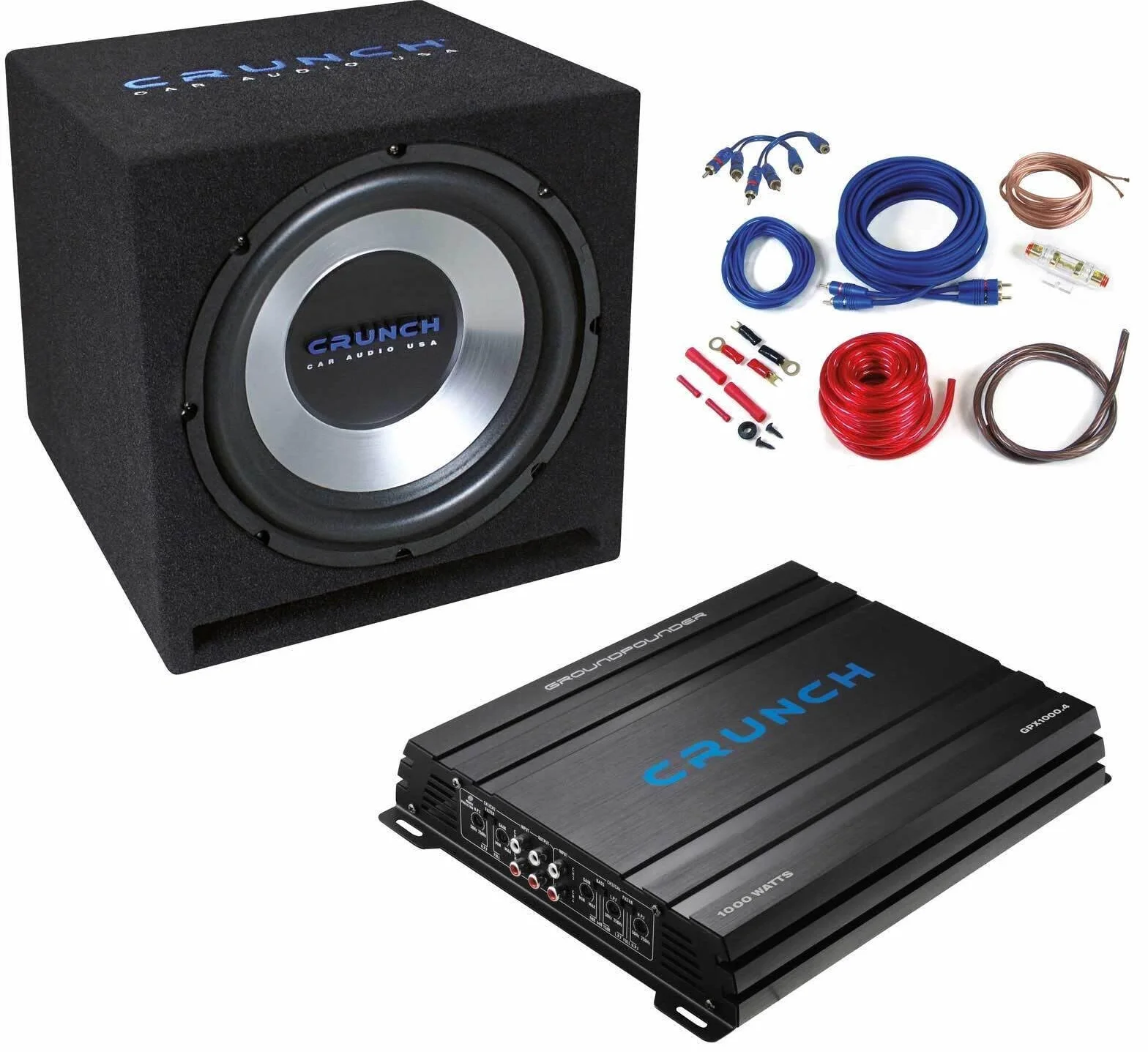 Crunch CBP1000 - Set di bassi per auto con subwoofer da 30 cm, amplificatore a 4 canali e kit cavo, subwoofer da 300 mm in alloggiamento