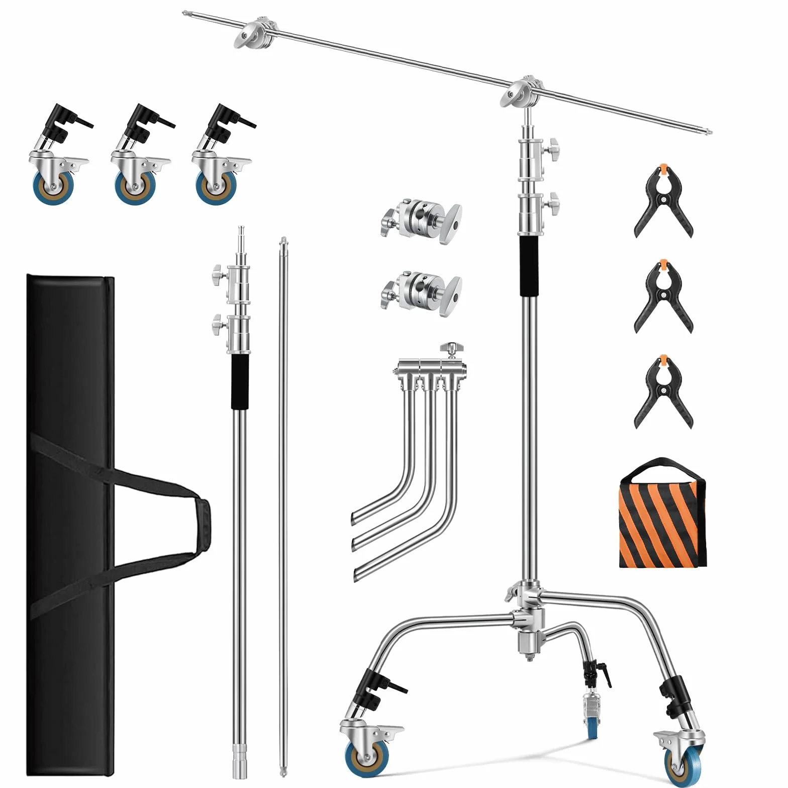 Soonpho Cavalletto C Stand,3,3 m Regolabile Supporto Luce, Con Asta Di Prolunga Da 1,2 m 3 Ruote,2 Teste di Presa & Borsa per Fotografia in Studio Riflettore Ombrello Monoluce,Softbox