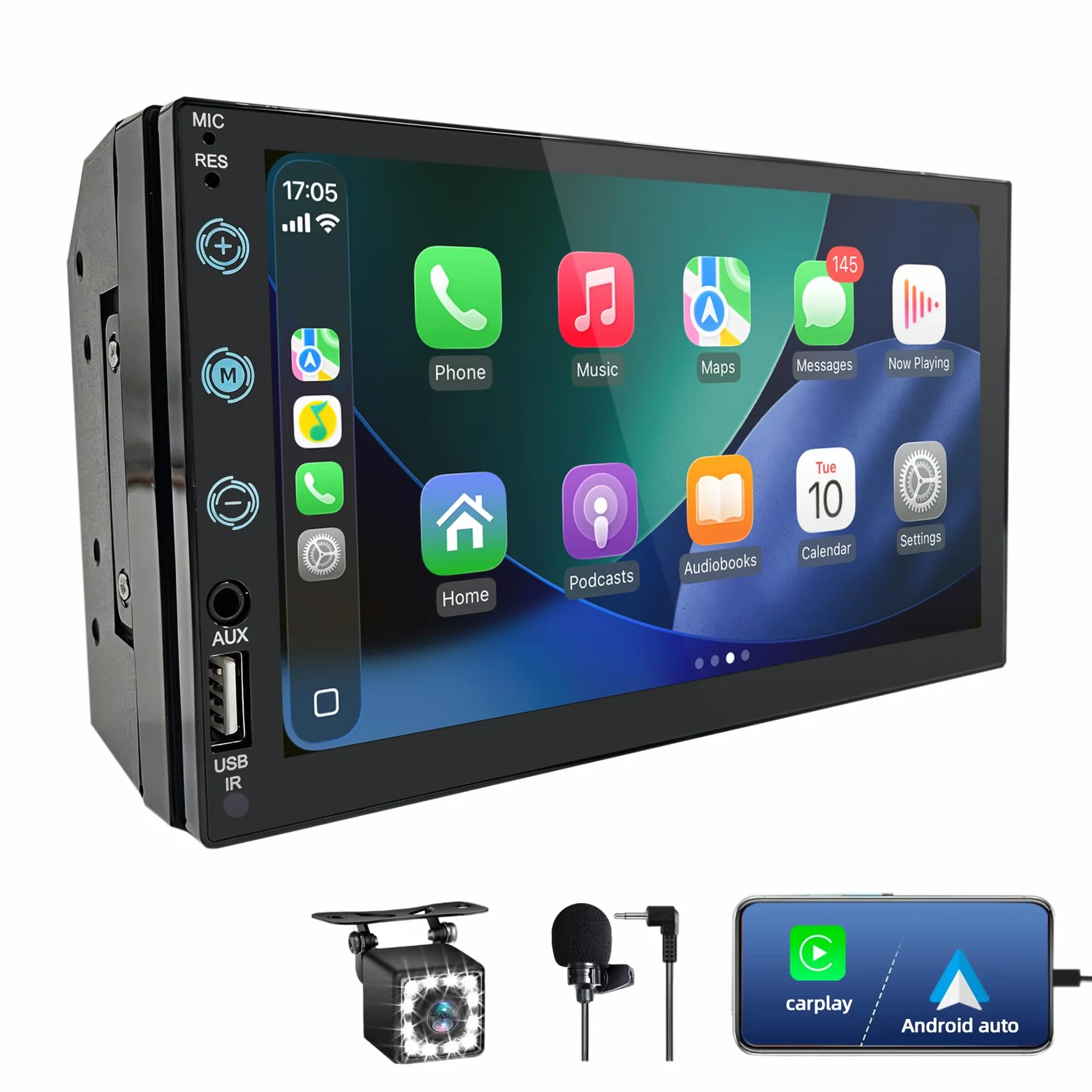 Autoradio 2 DIN con Carplay e Android Auto - Schermo tattile da 7 pollici con telecamera posteriore, Mirror Link, USB/AUX/FM, adatto per veicoli a 12V