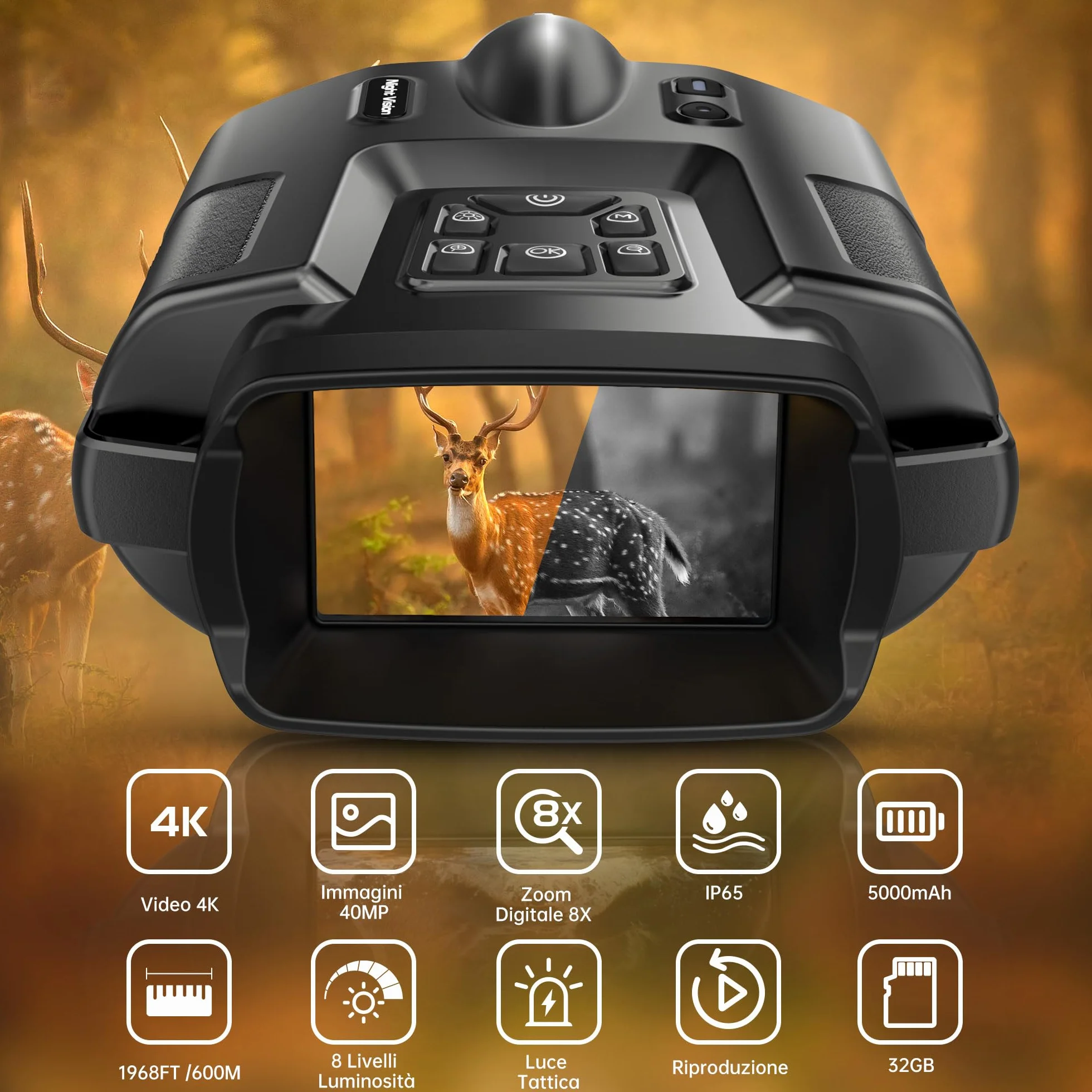 tkwser - Dispositivo per la visione notturna, 4 K, 8 X, digitale, visione notturna a infrarossi, 5000 mAh, distanza visiva, 600 m, schermo TFT UHD da 3”, impermeabilità IP65, per la caccia e il