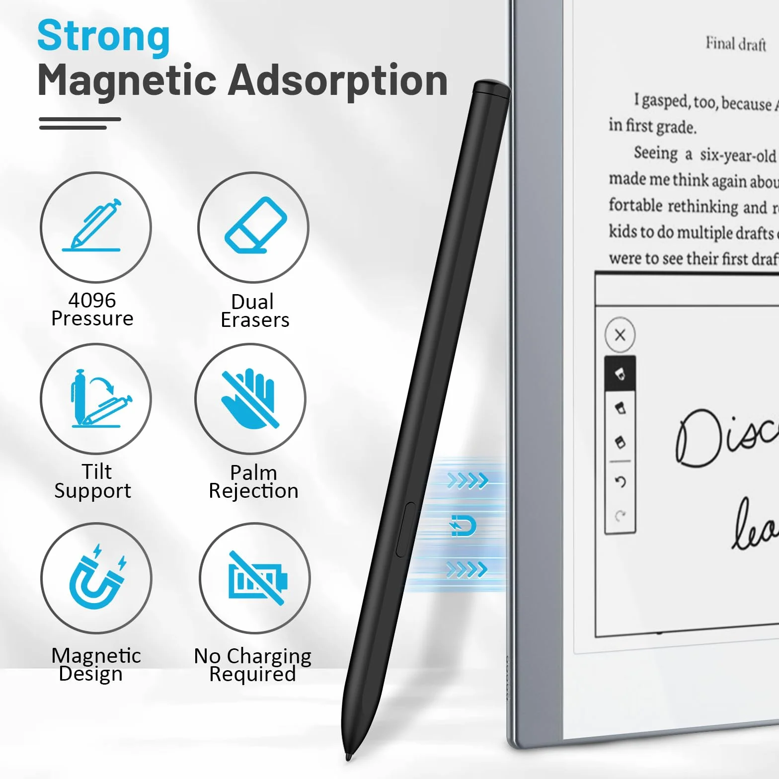 TiMOVO Penna Magnetica EMR Compatibile con Remarkable 2 con Gomma, Penna Digitale per Remarkable con 4096 Sensibilità alla Pressione, Rifiuto del Palmo, Inclinazione per Remarkable/Kindle Scribe, Nero