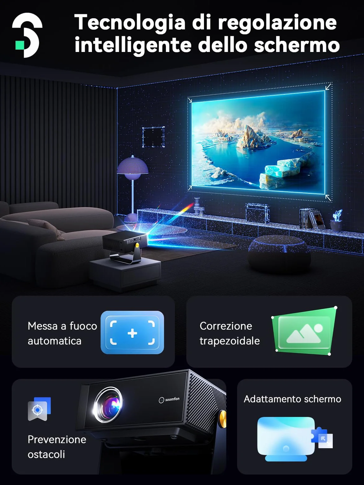 SOOMFON SK3 Proiettore Portatile 4K Supporta 1080P Nativo Smart TV | Auto Focus e Keystone Videoproiettore 500 ANSI WiFi Bluetooth 360° Rotation Netflix Compatibile per HDMI/Home Cinema/Esterni