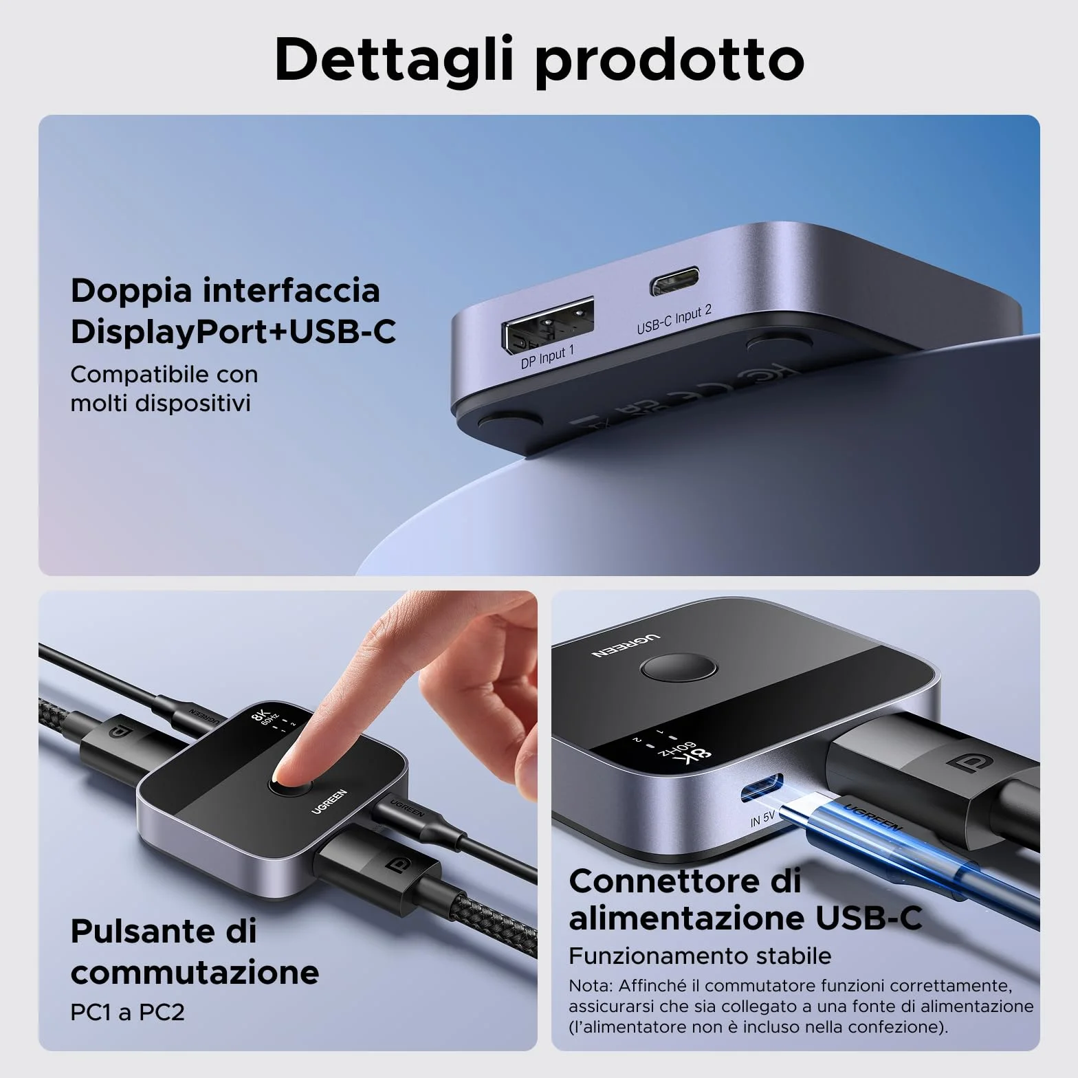 UGREEN Switch DisplayPort USB C 8K60Hz 2 Ingressi 1 Uscita DP 1.4 Commutatore USB C DisplayPort Supporta 3D HDR10+ HDCP2.3 Alta Risoluzione Compatibile con PC PS5 4 Xbox One X Series Steam Deck