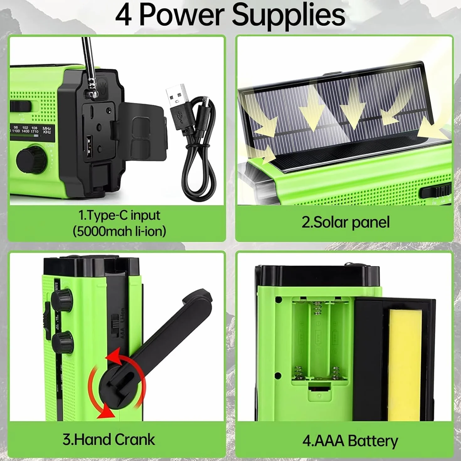 Radio a manovella di emergenza 5000 mAh 18500 mWh AM FM portatile con pannelli solari SOS torcia