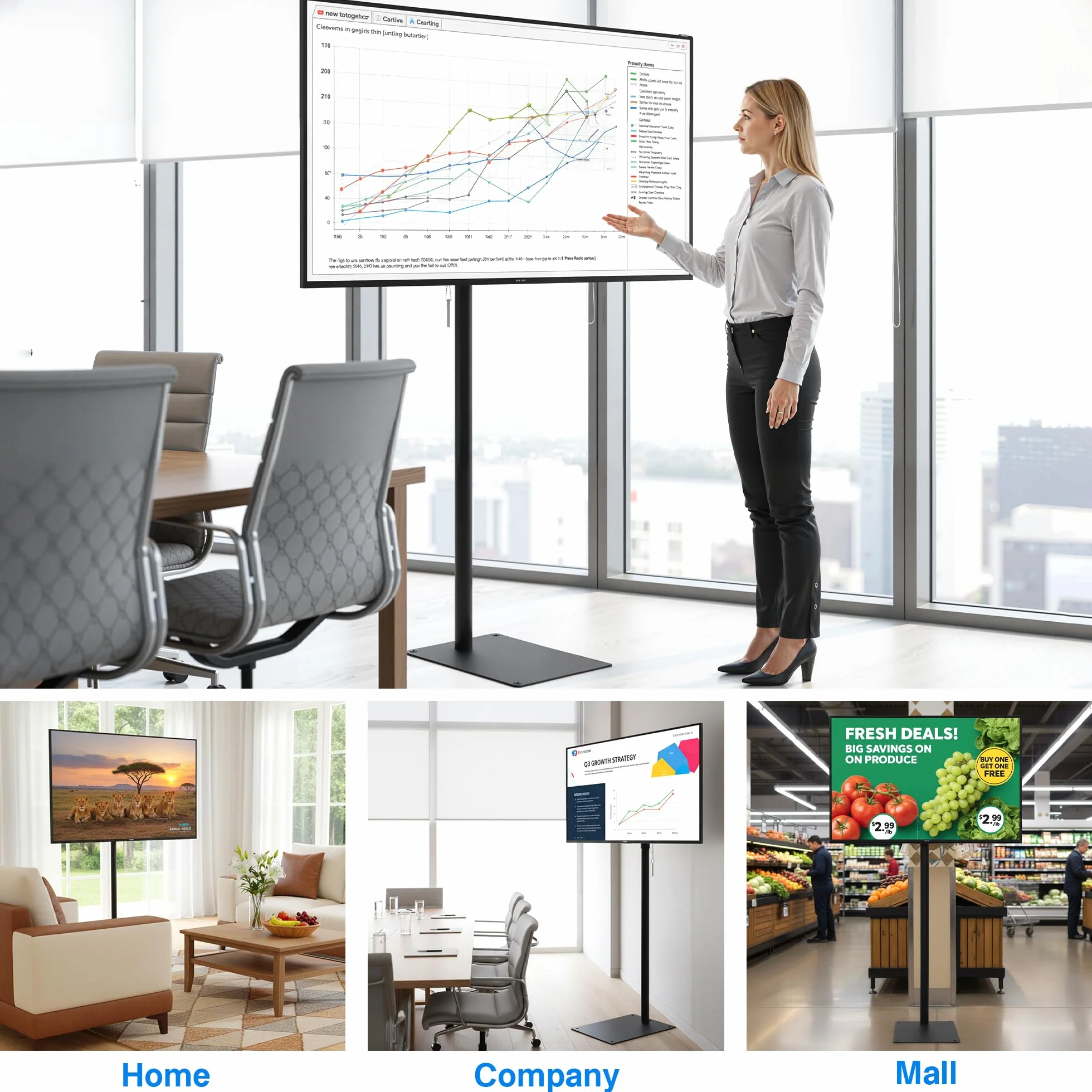 Supporto TV da Pavimento 360° Girevole Universale Supporto TV Alto Regolabile in Altezza e Inclinazione Supporto TV da Pavimento Extra per TV da 14 a 43 Pollici Supporto TV Autoportante per
