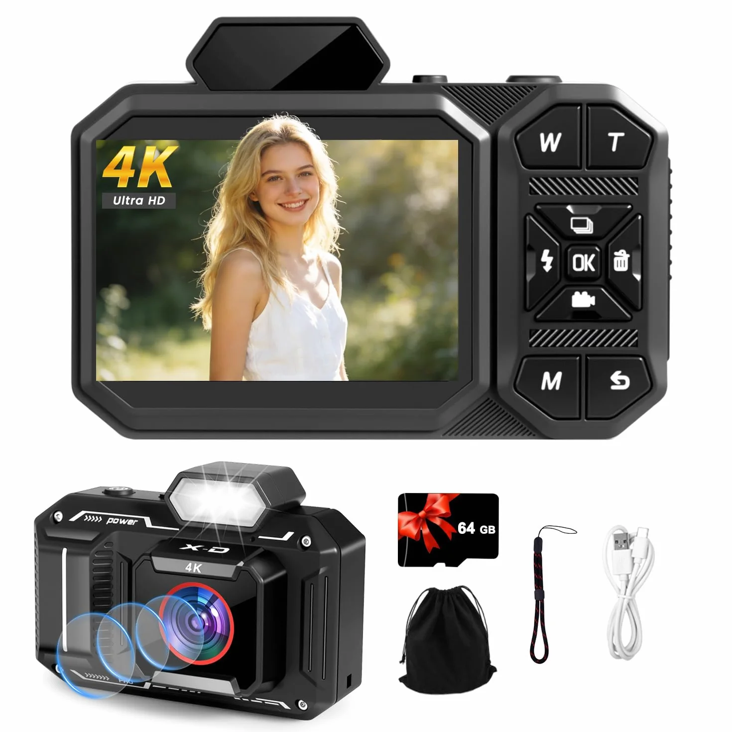 Macchina Fotografica Digitale, Bextgoo Fotocamera 4K per Vlog con Scheda da 64GB, Fotocamera con Autofocus da 48MP, Zoom 12X, Flash e Anti-Shake, Fotocamera Digitale Compatta per Adulti e Adolescenti