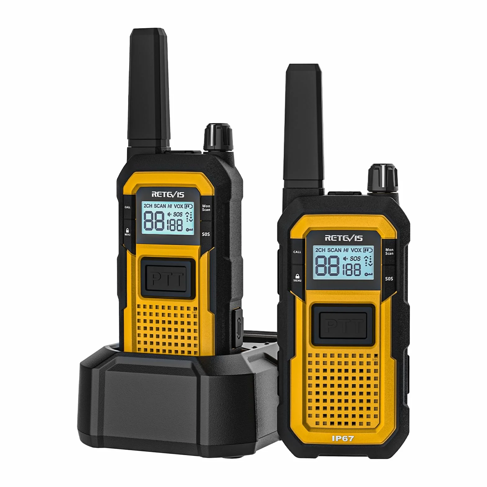 Retevis RB648 Walkie Talkie, Radio Bidirezionale Impermeabile IP67,walkie talkie professionali Anticaduta, Antipolvere, Tripla Prova Avanzata,Adatto per edifici Industriali (2 Pezzi, Giallo)