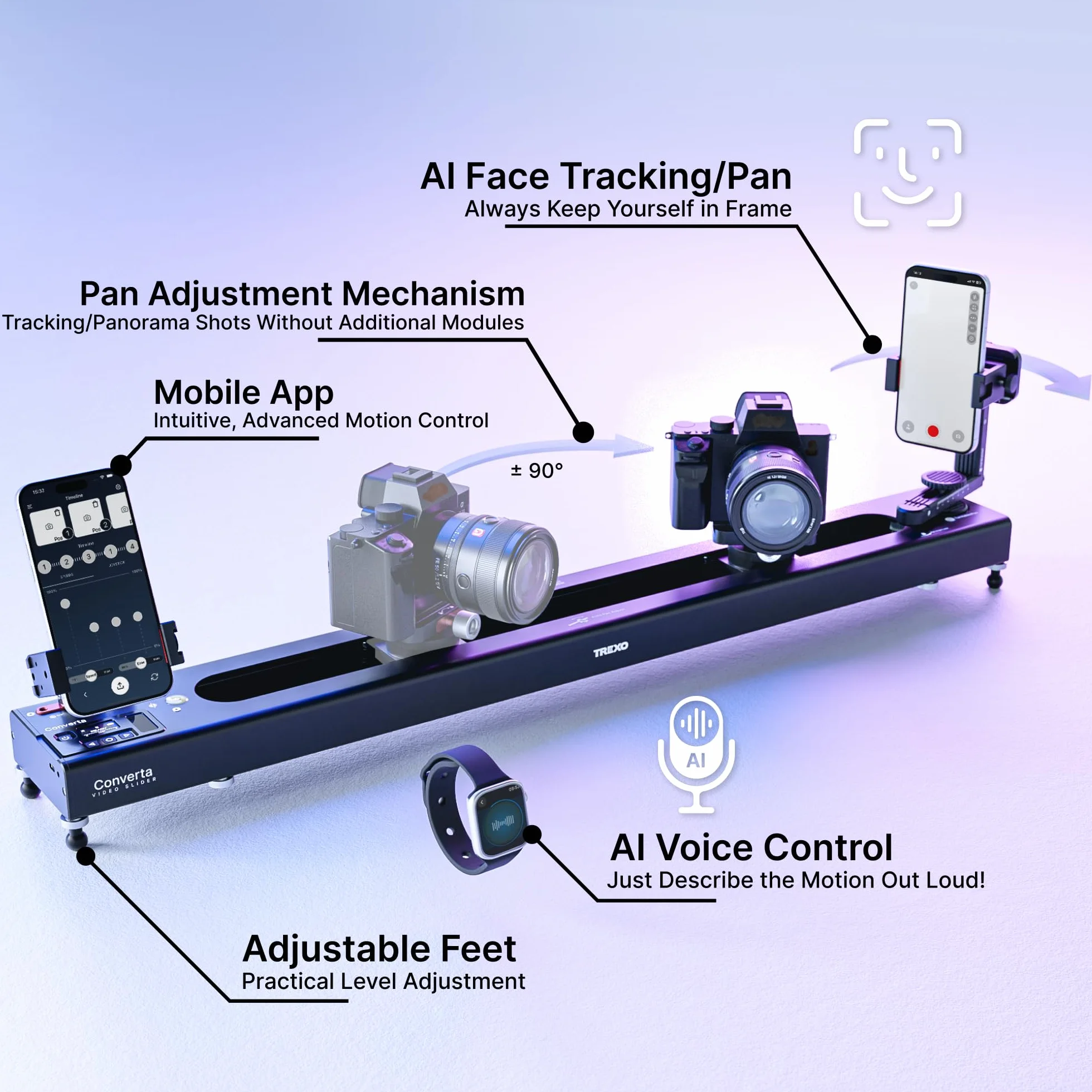 Trexo Converta Pro - AI-Powered Video Slider, Built-in Rotary Table, 90° Panoramic Shooting, Time-Lapse, Loop Mode, APP & Voice Control, Pro Camera Motion System (C600-60cm/23.6")