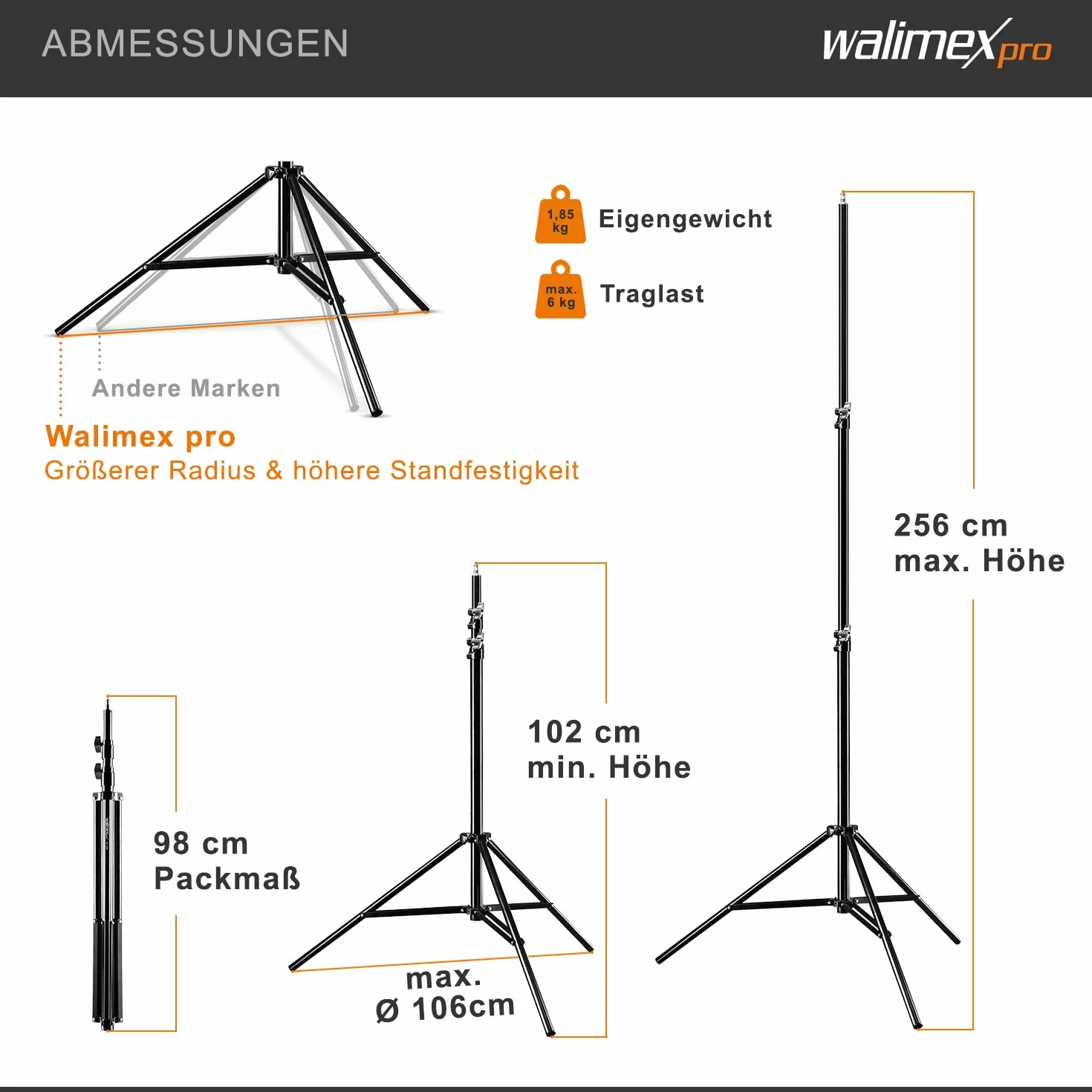 walimex Pro 2X treppiede per lampada WT-806 con ammortizzatore a molla I max. 256 cm I Treppiede per illuminazione stabile in grado di supportare fino a 6 kg