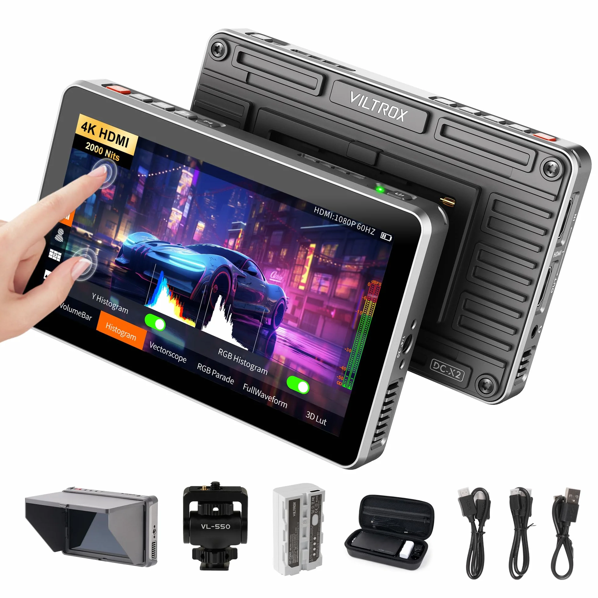 VILTROX DC-X2 2000 Nit Monitor da campo per fotocamera, 6 pollici 4K HDMI Loop in/Out 3D Lut Full Waveform 1920X1080 HD IPS Touchscreen DSLR Monitor video per fotocamera con parasole 2200mAh Batteria