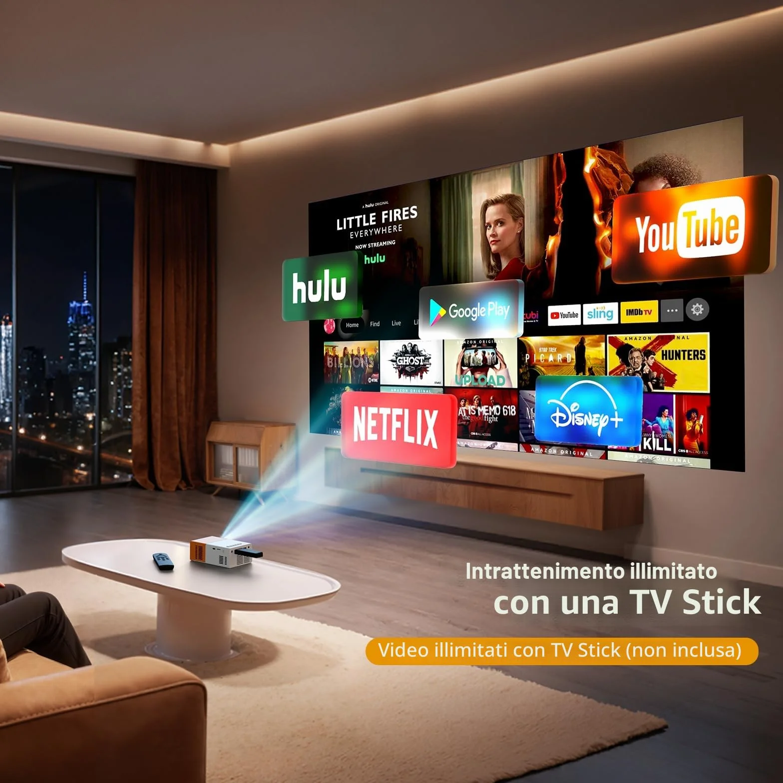 Proiettore PVO WiFi Film Portatile, Schermo del Telefono può Essere Specchiato al Proiettore in Modalità Wireless o Tramite Cavo Dati, Compatibile con Phone/Tablet/Laptop/TV Stick/USB (YG300ProMax)