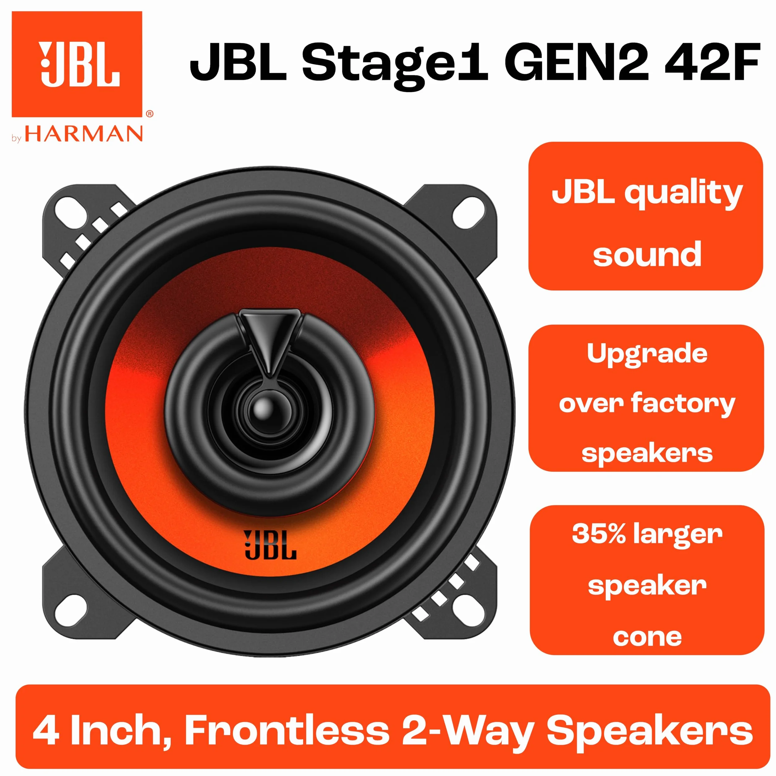 JBL Stage1 42F Altoparlante Auto Coassiale 100mm 4" con 40W RMS e 320W Max, sensibilità 88dB, risposta 85Hz–20kHz e impedenza 4 ohm per un audio nitido, uniforme e prestazioni sempre affidabili