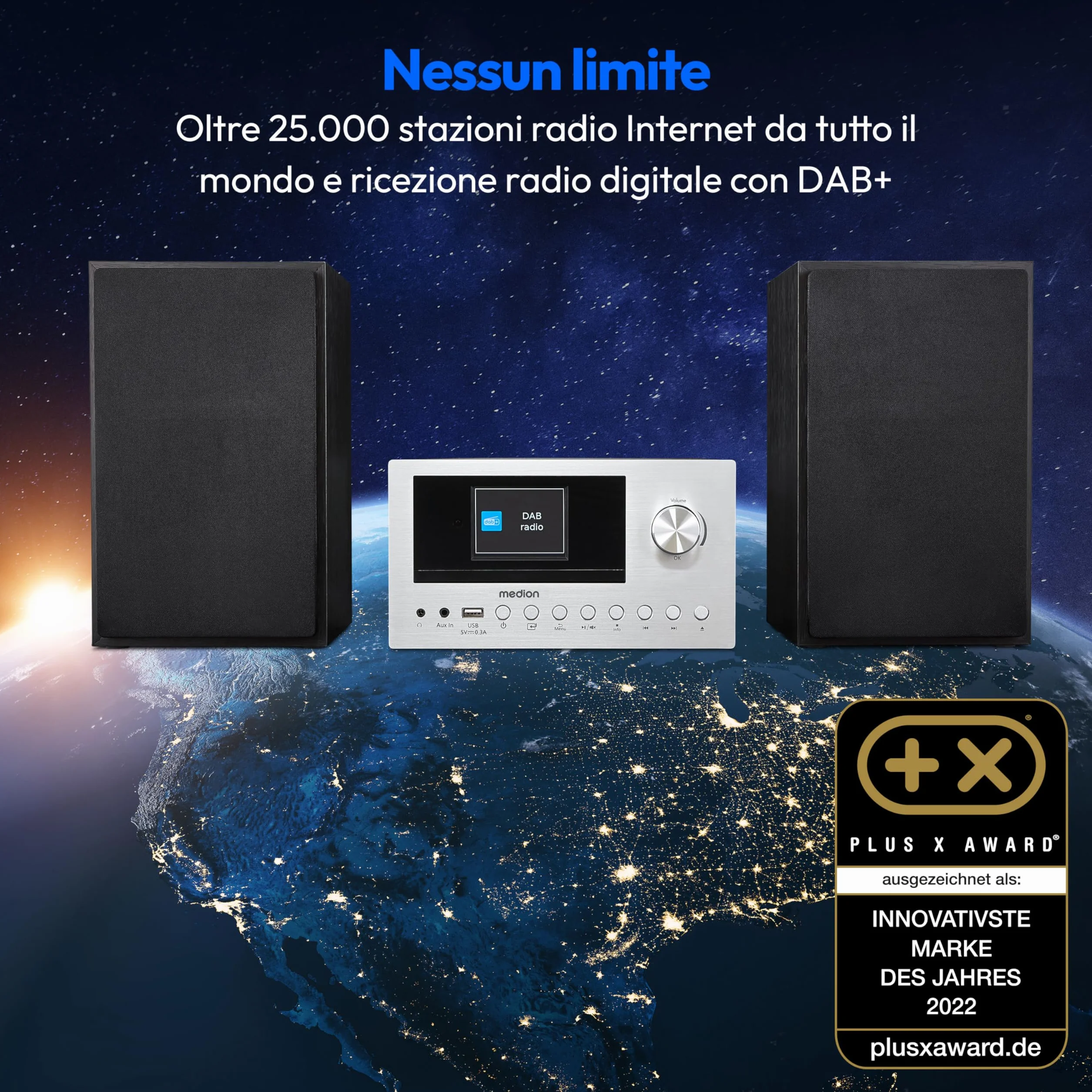 MEDION Micro Impianto Audio Compatto P85003 Radio Internet DAB+ FM Bluetooth USB AUX 2x150 W