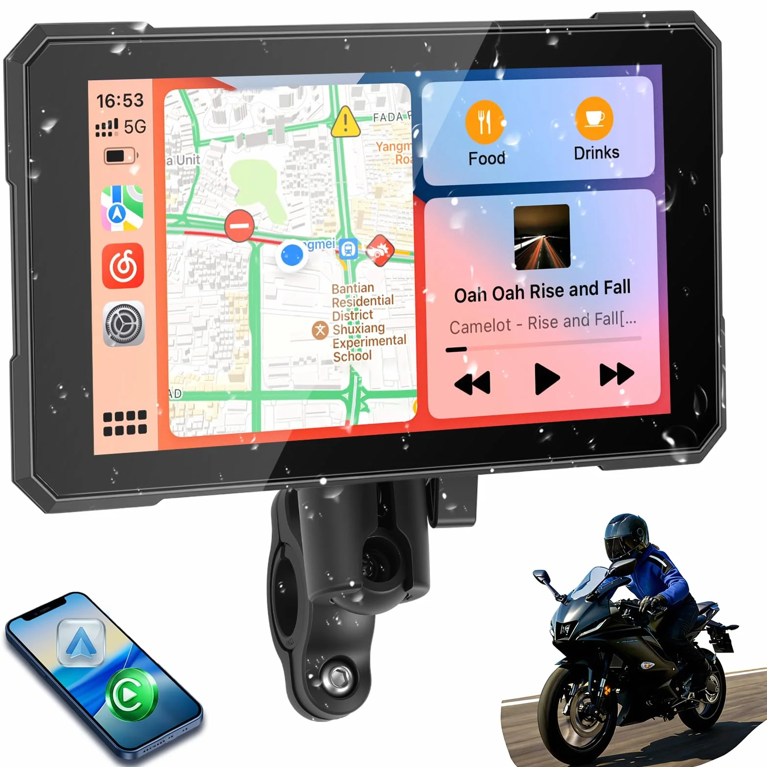 5 Pollici Navigatore Moto con Wireless CarPlay e Android Auto, Impermeabile IP67, Monitoraggio Della Pressione Dei Pneumatici, Navigazione GPS e Controllo Vocale - per Tutte le Motociclette