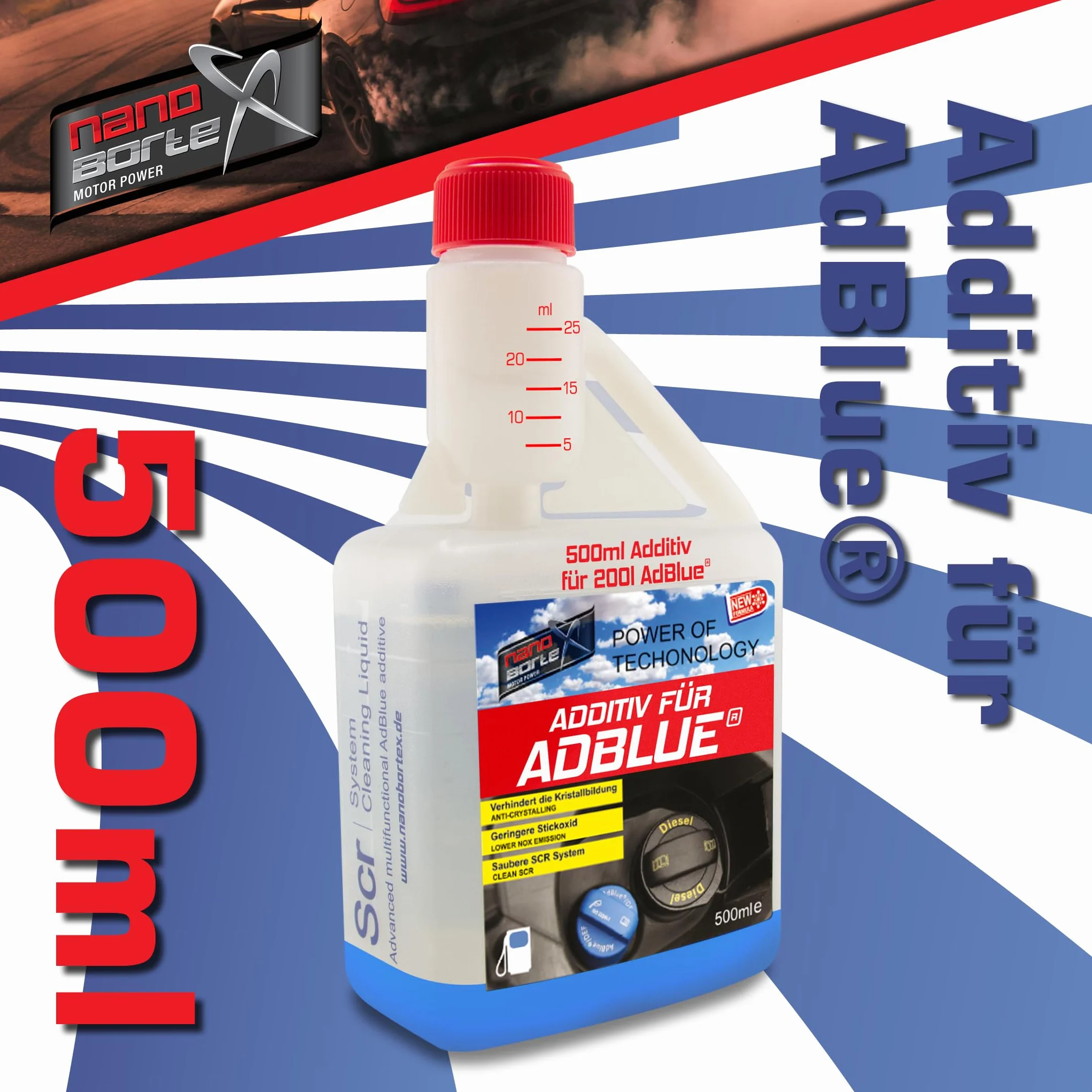 NanoBorTeX Additivo per AdBlue® – SCR Cleaner contro la formazione di cristalli e pulisce il sistema SCR, migliora le prestazioni del catalizzatore e garantisce una pulizia efficace dei gas di scarico