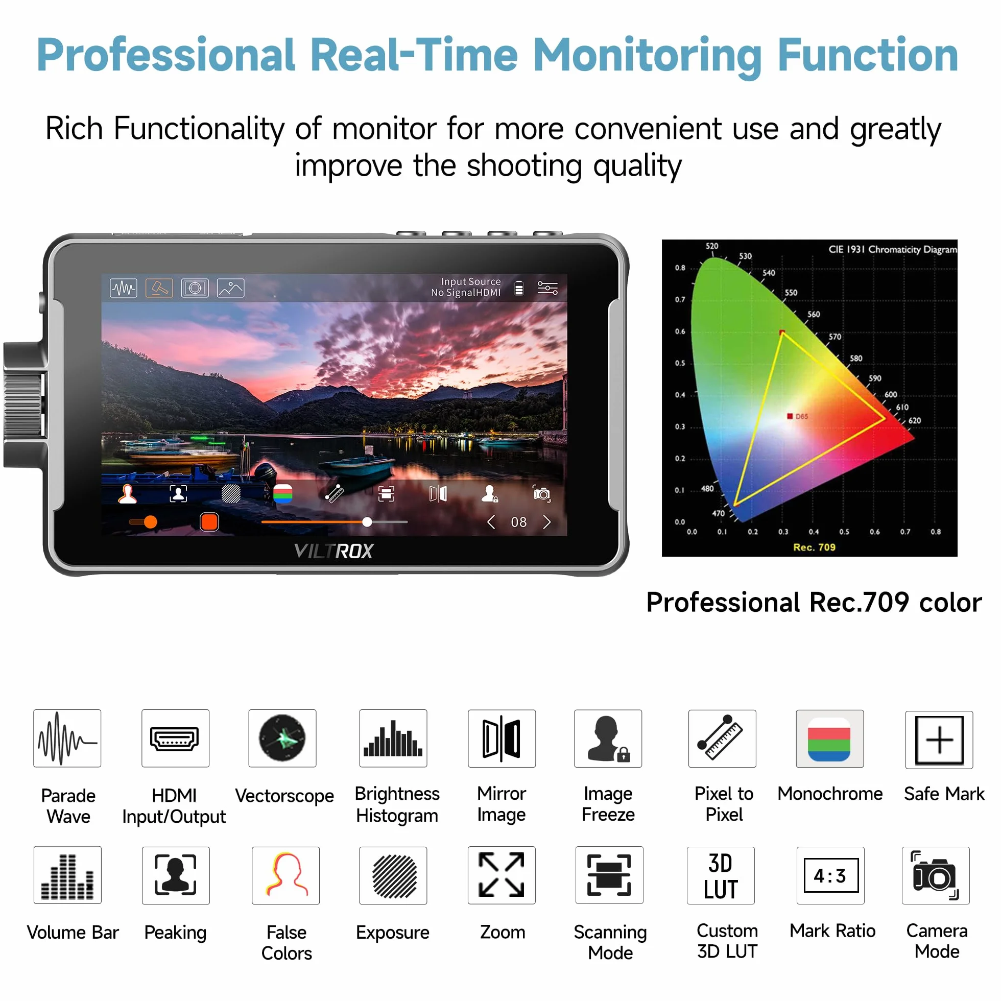 VILTROX DC-550 Monitor Da Campo 5.5 pollici 1200Nit Camera Field Monitor 4K HDMI HD 1920x1080 IPS, 3D LUT Waveform Vector Scope Monitor Esterno Fotocamera Video Monitor con Touchscreen