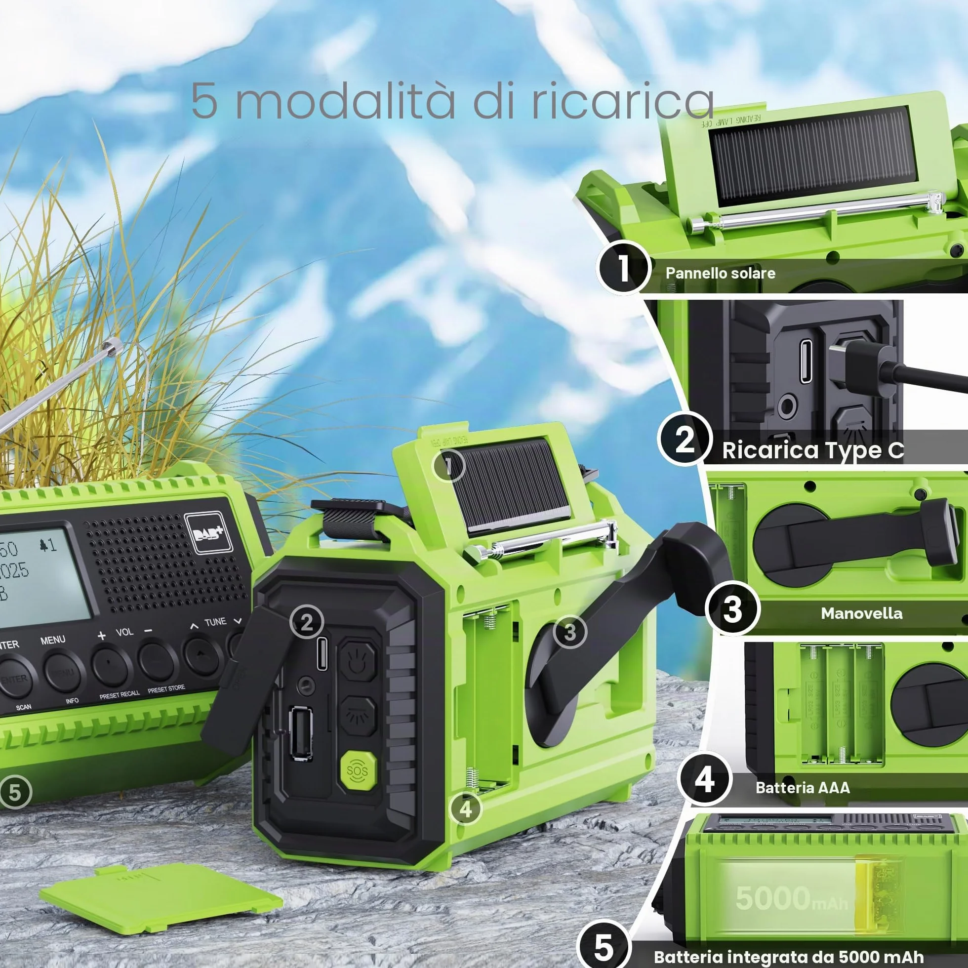 DAB/DAB+/FM radio portatile, Solare Radio a Manovella, Batteria Ricaricabile 5000 mAh, Torcia a LED e Luce di Lettura, Allarme SOS, Impermeabile IPX4, per Escursioni, Campeggio, Emergenza