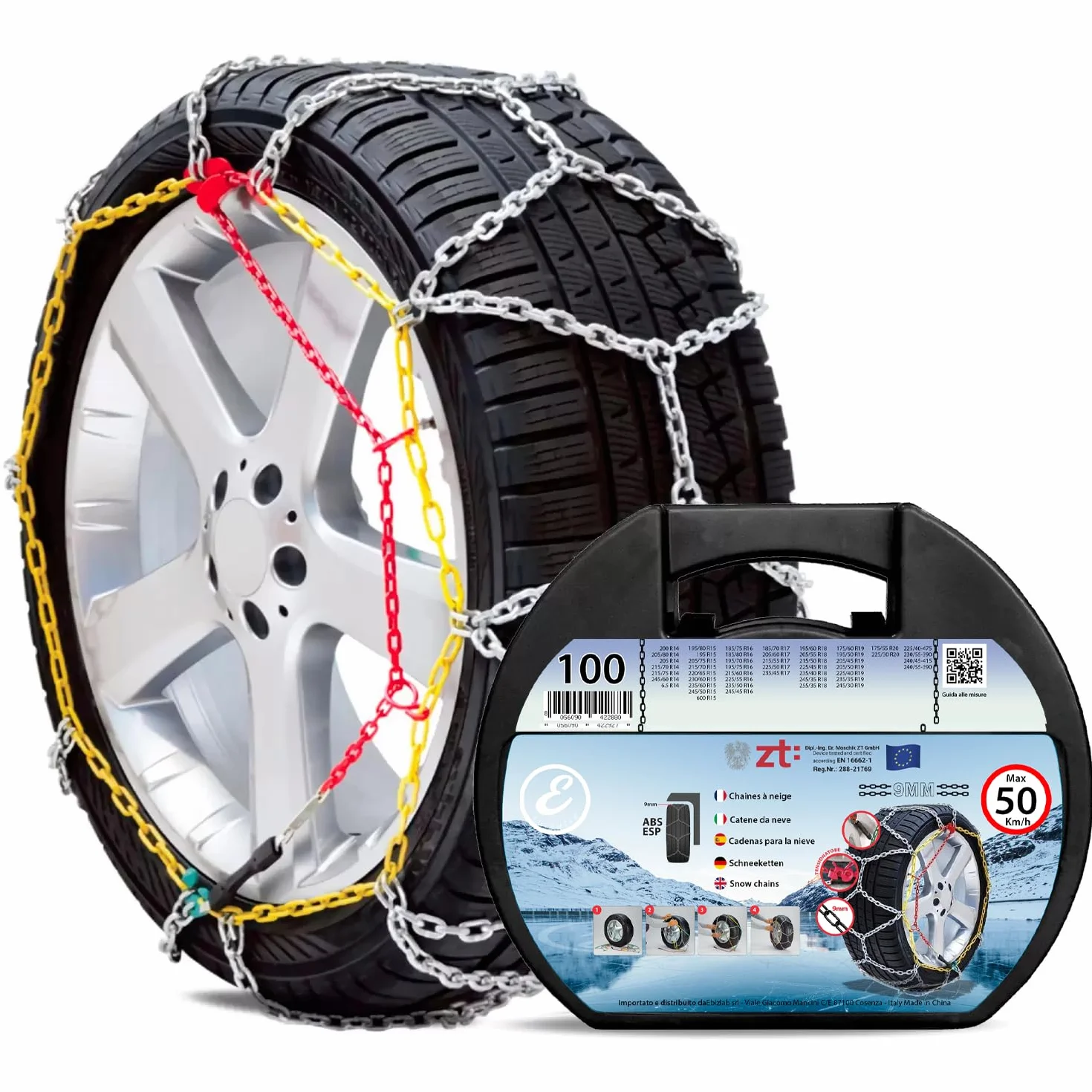Catene Da Neve In Metallo 9 mm Omologate TUV GS Onorm Montaggio Rapido Per Auto Furgone SUV Tensionatore Autobloccante Misura 100