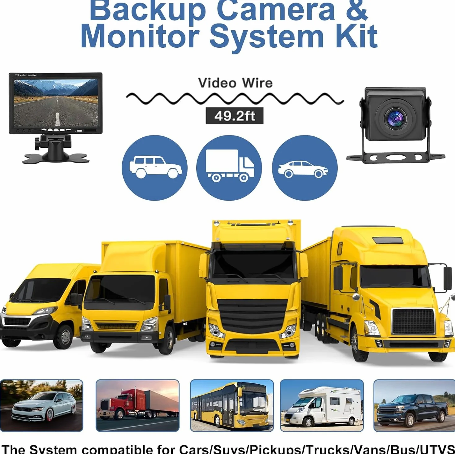 Set di telecamera per retromarcia con monitor HD LCD da 7 pollici e telecamera posteriore grandangolare da 170°, impermeabile IP69, per camion, rimorchi, bus, furgoni.