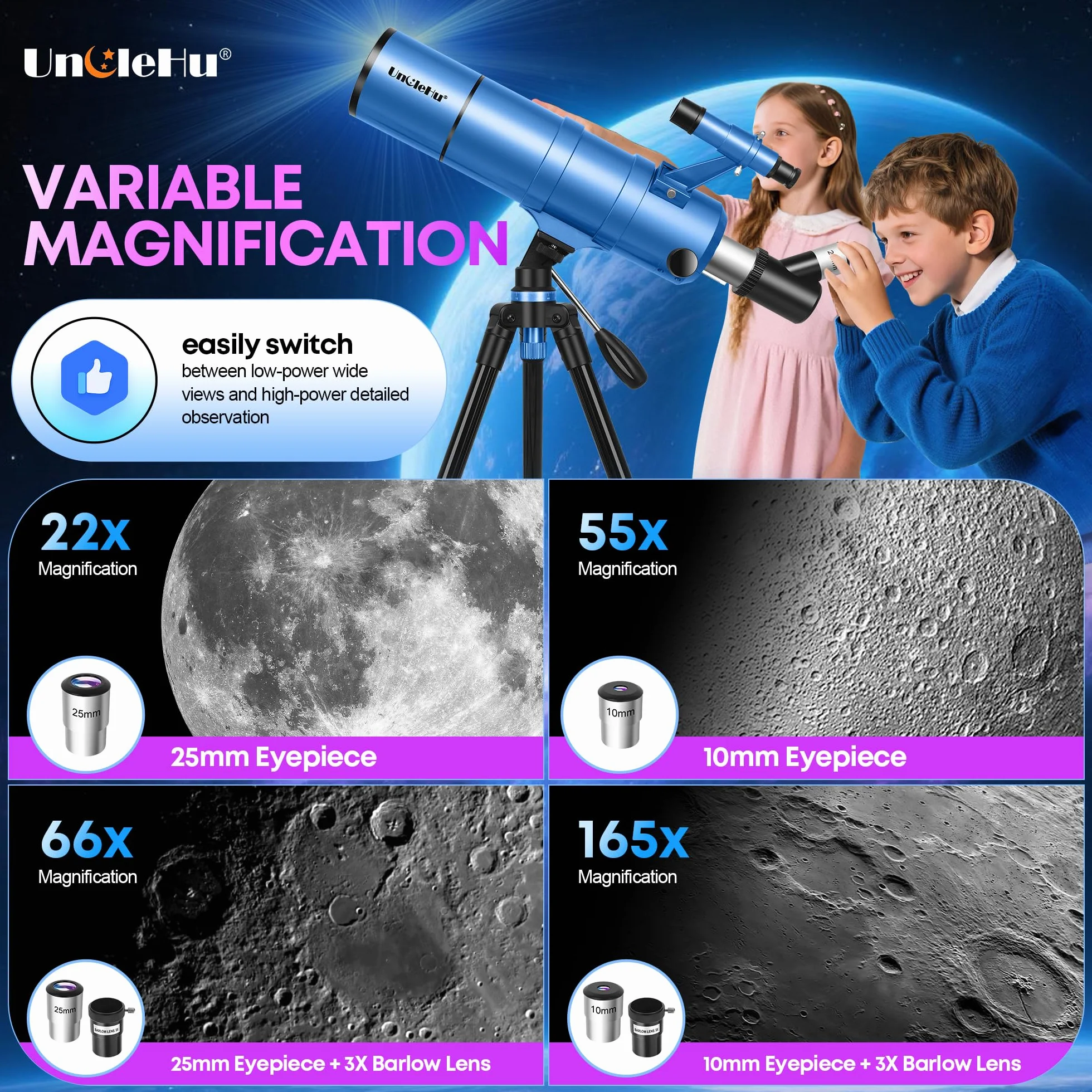 UncleHu Telescopio Astronomico Per Adulti E Bambini Principianti, 22X-165X, Telescopio Riffrattore Astronomico 90/550mm Con Sgabello Pieghevole&Treppiede&Adattatore Per Smartphone E Borsa Da Trasporto