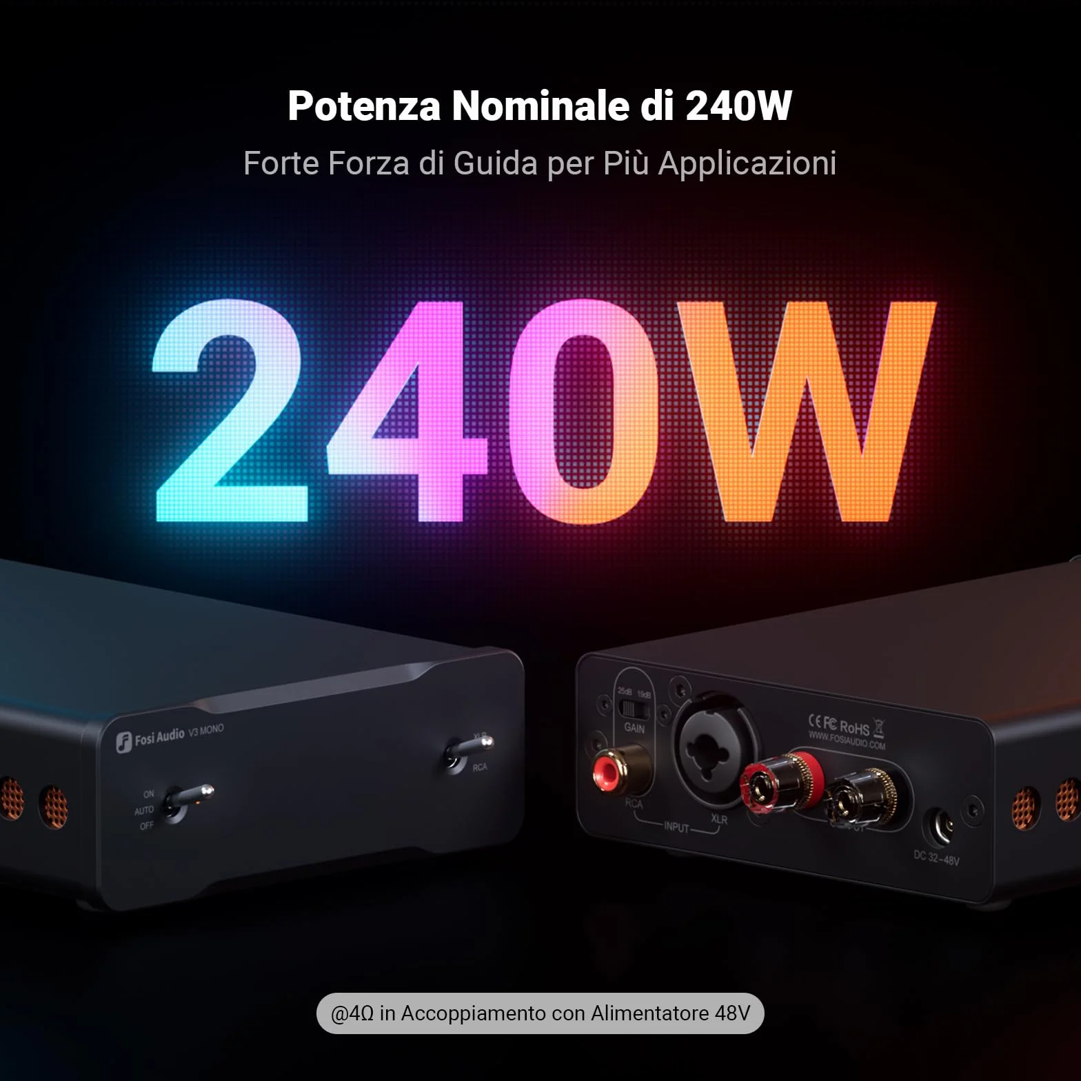 Fosi Audio V3 Mono Amplificatore Audio HiFi, Mini Amplificatore Monoblocco, Classe D TPA3255, 240W per Home Theater AVR Ricevitore Component, Ingressi Bilanciati RCA/XLR, Diffusori, con 48V/5A Power