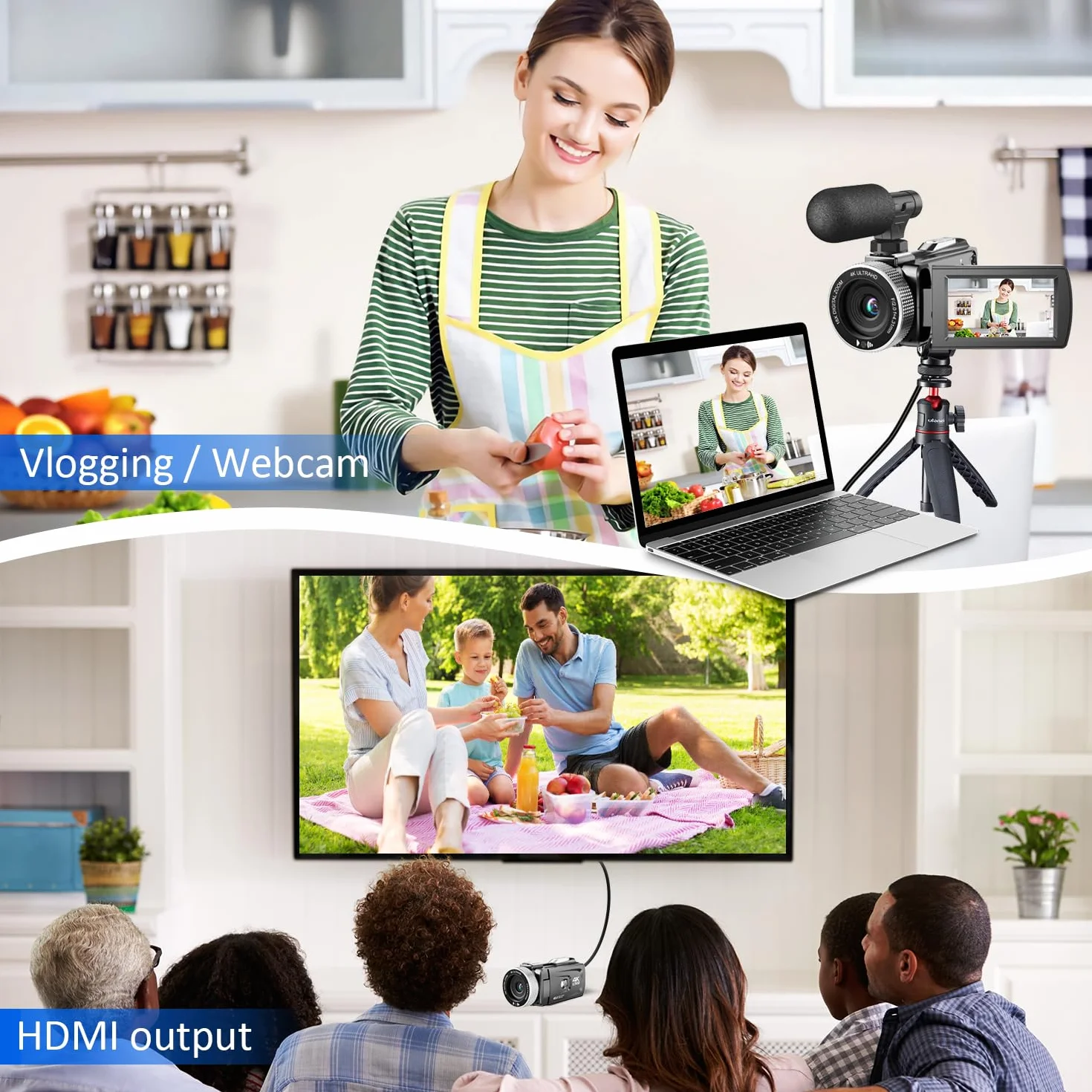 Videocamera 4K 48MP Foto/Videoregistratore 4K 60FPS, Videocamera Digitale per YouTube Vlogging con Microfono Wireless/Scheda SD/2 Batterie/Telecomando