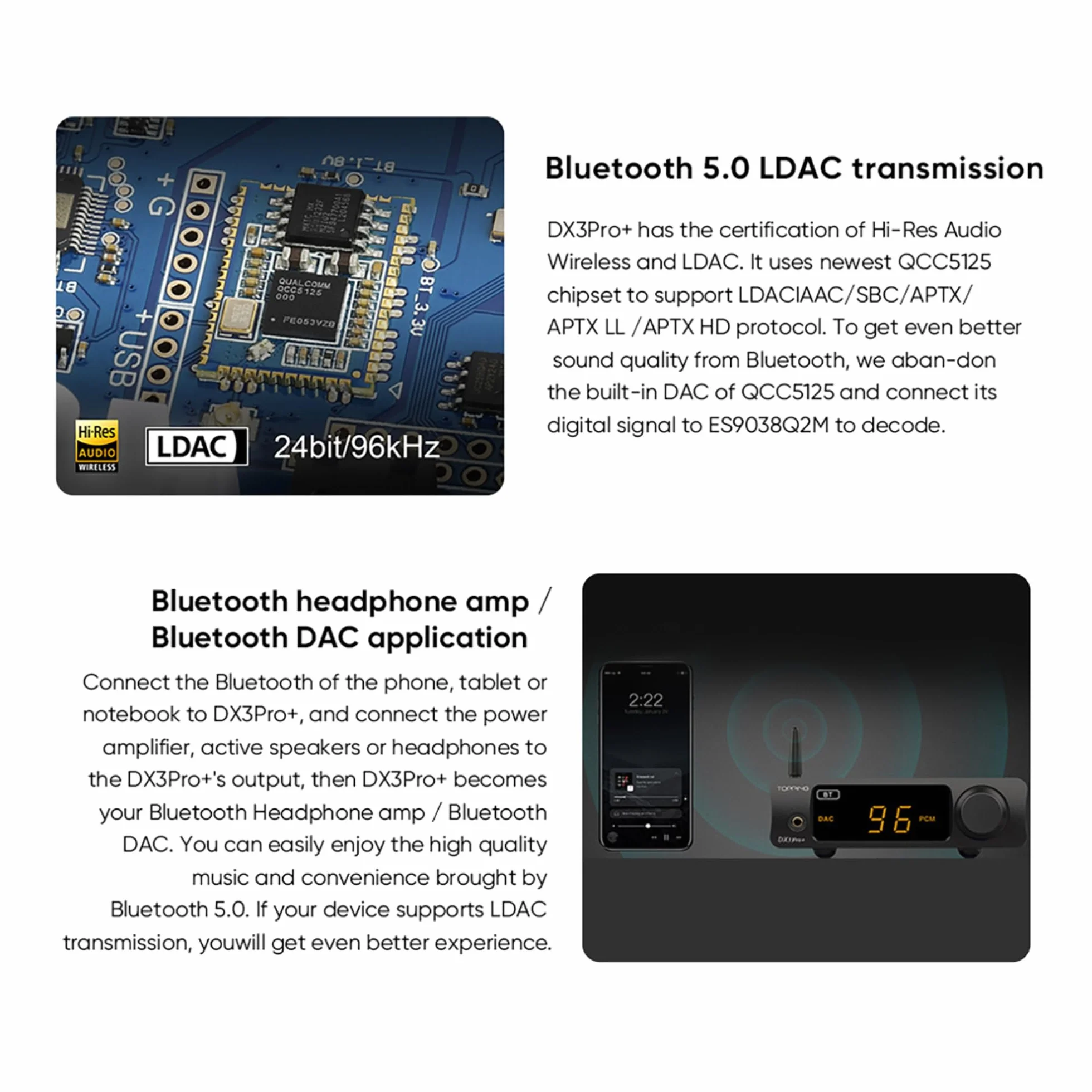 AOSHIDA Topping DX3 Pro+ Bluetooth USB DAC Amplificatore per Cuffie, ES9038Q2M XMOS XU208 DSD512 PCM768kHz D/A Convertitori, Bluetooth LDAC 3.5mm auricolare DAC 1800mW×2 Amplificators per cuffie,Nero