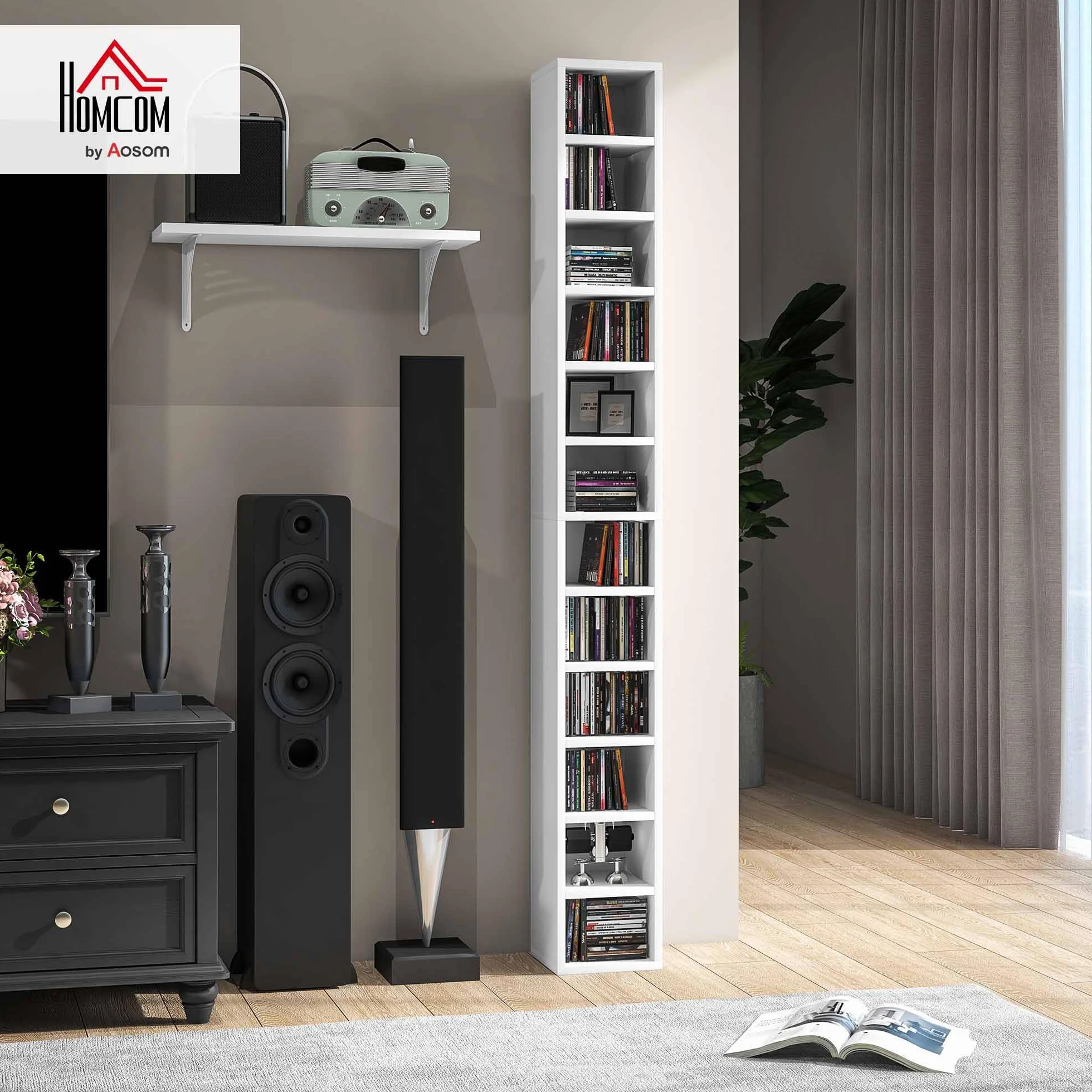 HOMCOM Contenitori per CD e DVD, ripiano a colonna, contenitore con 12 scomparti, capacità massima 204 CD, 21 x 20 x 175 cm, bianco