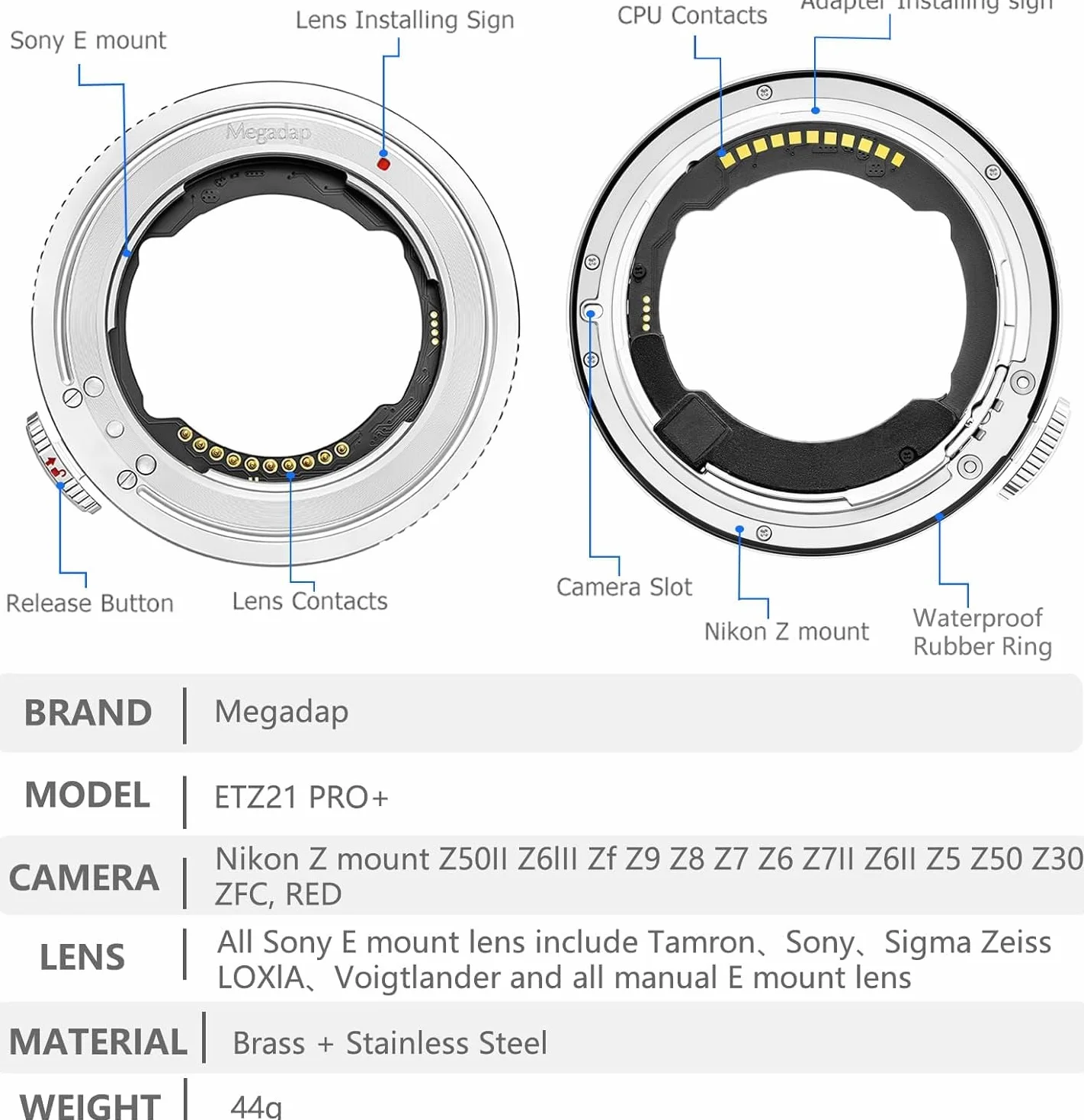 Adattatore di messa a fuoco automatica Megadap ETZ21 Por+ compatibile con obiettivo Sony FE Sigma Tamron Serie FE per fotocamera Nikon Z Mount Zf Z9 Z8 Z7 Z6 Z6III Z7II Z6II Z5 Z50 Z30 ZFC