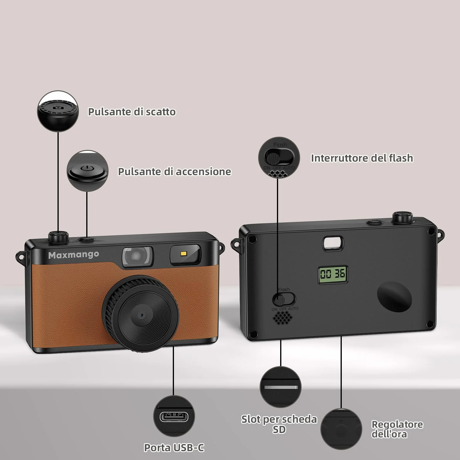 Maxmango D53 Fotocamera Digitale Compatta Senza Schermo, Fotocamera Vintage Retro 12 MP Catturare Momenti Reali, Filtri DIY Scaricabili, USB-C, Scheda SD da 8 GB Inclusa, Fino a 4000 Foto (Marrone)