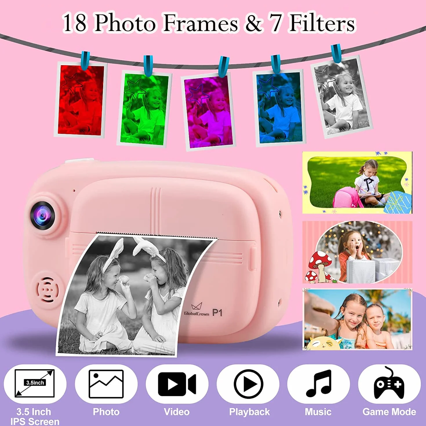 GlobalCrown Macchina Fotografica bambini Istantanea,Fotocamera Istantanea per bambini Video Fotocamera digitale 3,5 Pollici Schermo regali per 3-12 anni (incluso 4 rotoli carta di stampa e 32GB Card)