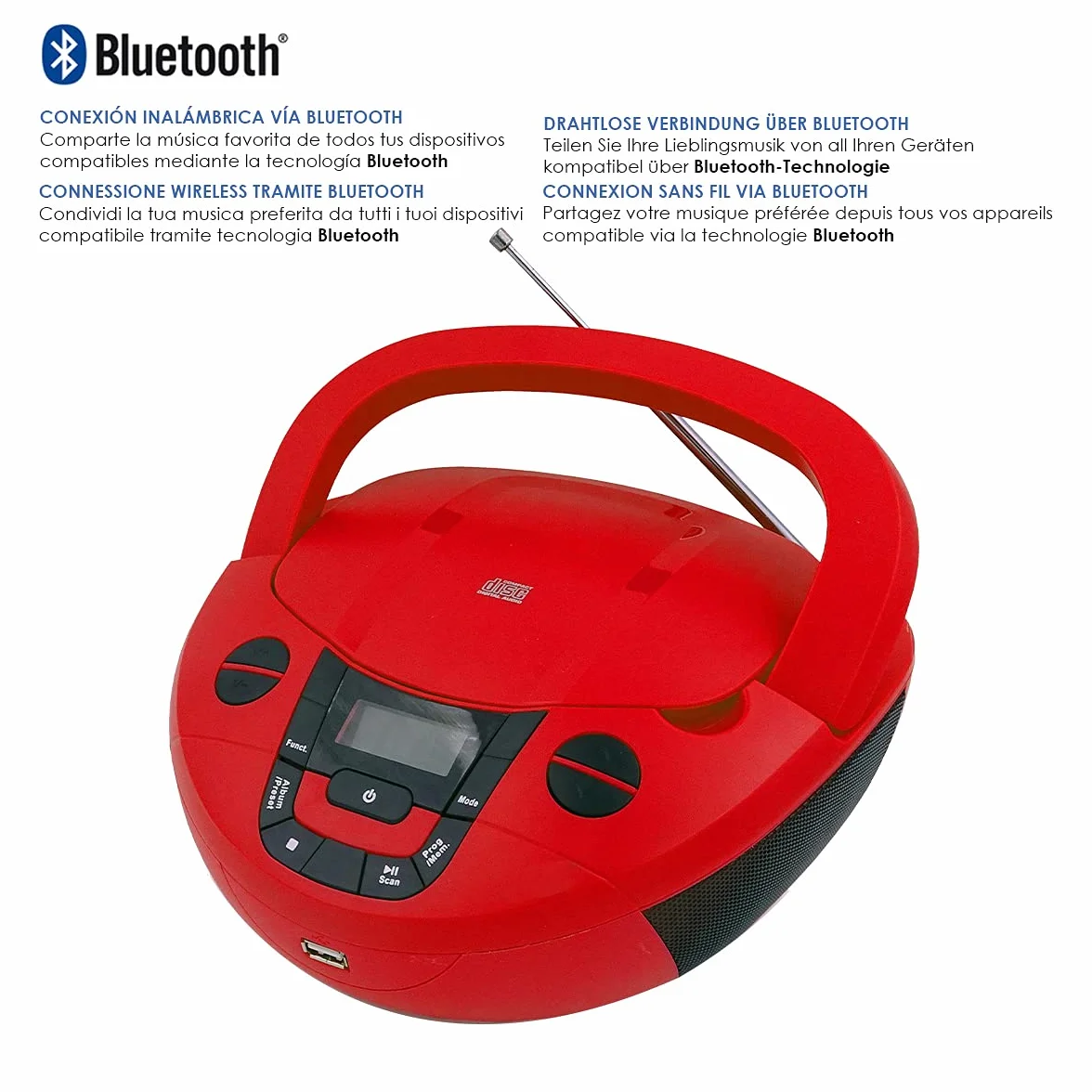Boombox Radio CD/MP3 con Bluetooth BSL PCD-31 bianco | con 2 W di potenza RMS | Radio FM e USB Lettore MP3 | Display LCD | AUX IN | Uscita cuffie