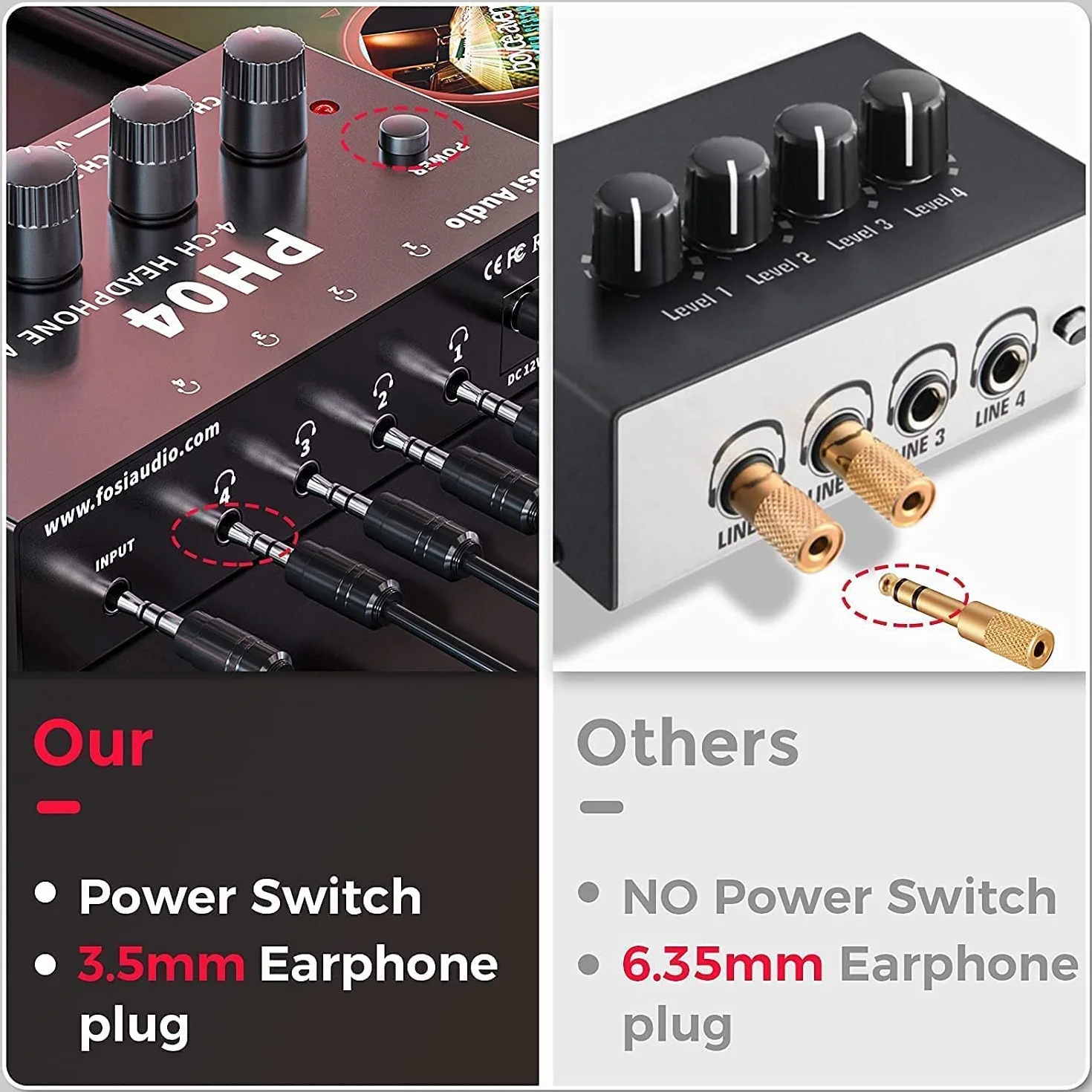 Fosi Audio PH04 Amplificatore per Cuffie a 4 Canali, Compatto Amplificatore Portatile Audio Stereo, con Controlli di Volume, compatibile con cuffie da 3,5 mm/6,35 mm, per Studio, Mixer da Palco