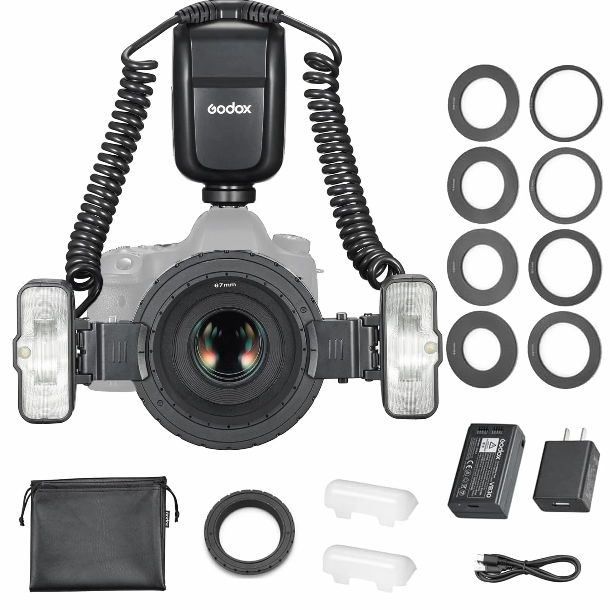 Godox MF-T76 N Macro Flash Dual Head, Fotocamera Nikon adatta,76Ws, GN22.4,TTL, uscita 1-1/256, sincronizzazione tenda anteriore/tenda posteriore, batteria inclusa, adatta per fotografia macro