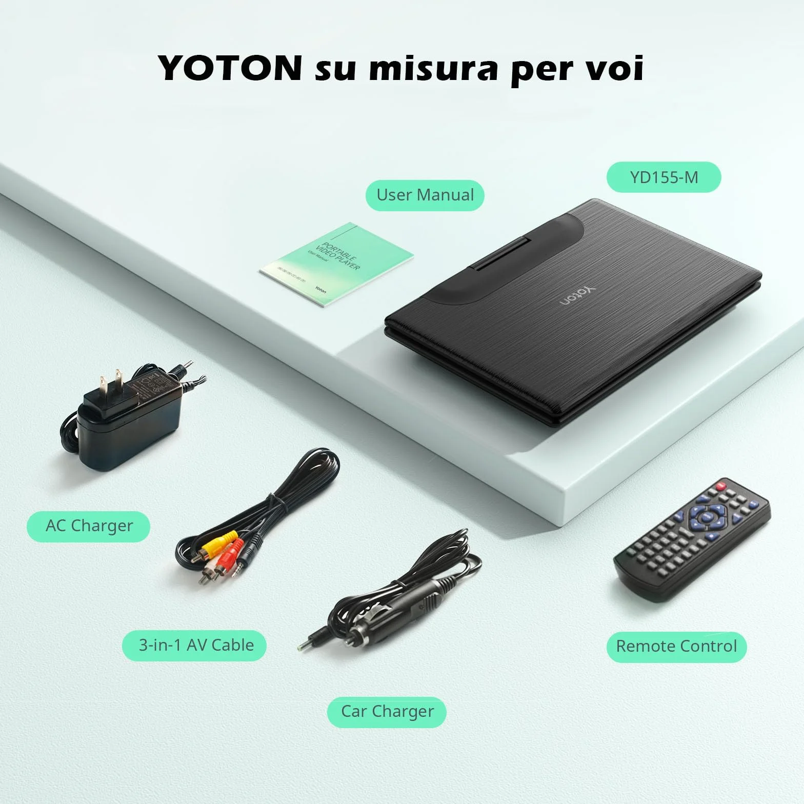 YOTON Lettore DVD portatile 16.9" schermo girevole HD 14.1" USB/SD Caricatore Auto