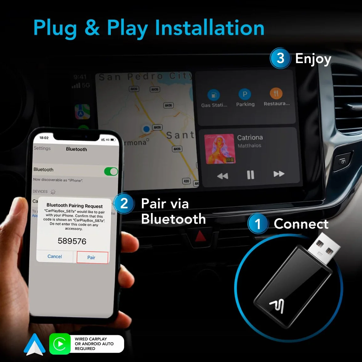 AutoSky Adattatore Wireless CarPlay e Android Auto 2-in-1, Dongle USB Pro Convertitore Cablato in Wireless, WiFi 5GHz, Plug & Play per Auto dal 2016, Design Nero Lucido Compatto, No Lag