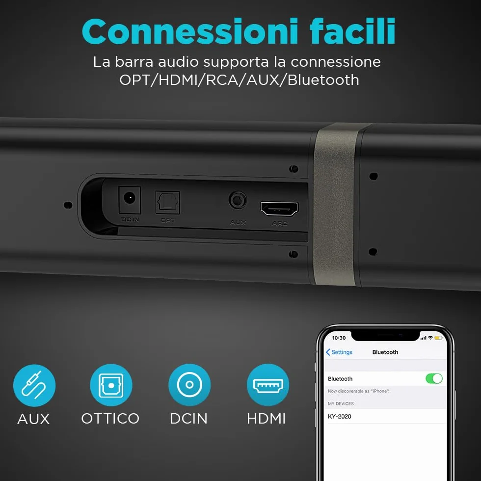 Bluetooth Soundbar per TV, 32 Inch Staccabile 2 in 1 Sound Bar per Televisore con Audio Potente, Altoparlanti per TV per Home Theater Audio, 2.0 canali con OPT/ARC/AUX, 1pcs