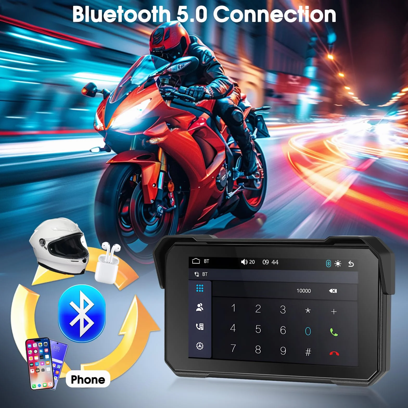 Navigatore Moto Wireless con Apple CarPlay Android Auto, IP68, Touchscreen 5 Pollici HD, GPS, Bluetooth 5.0