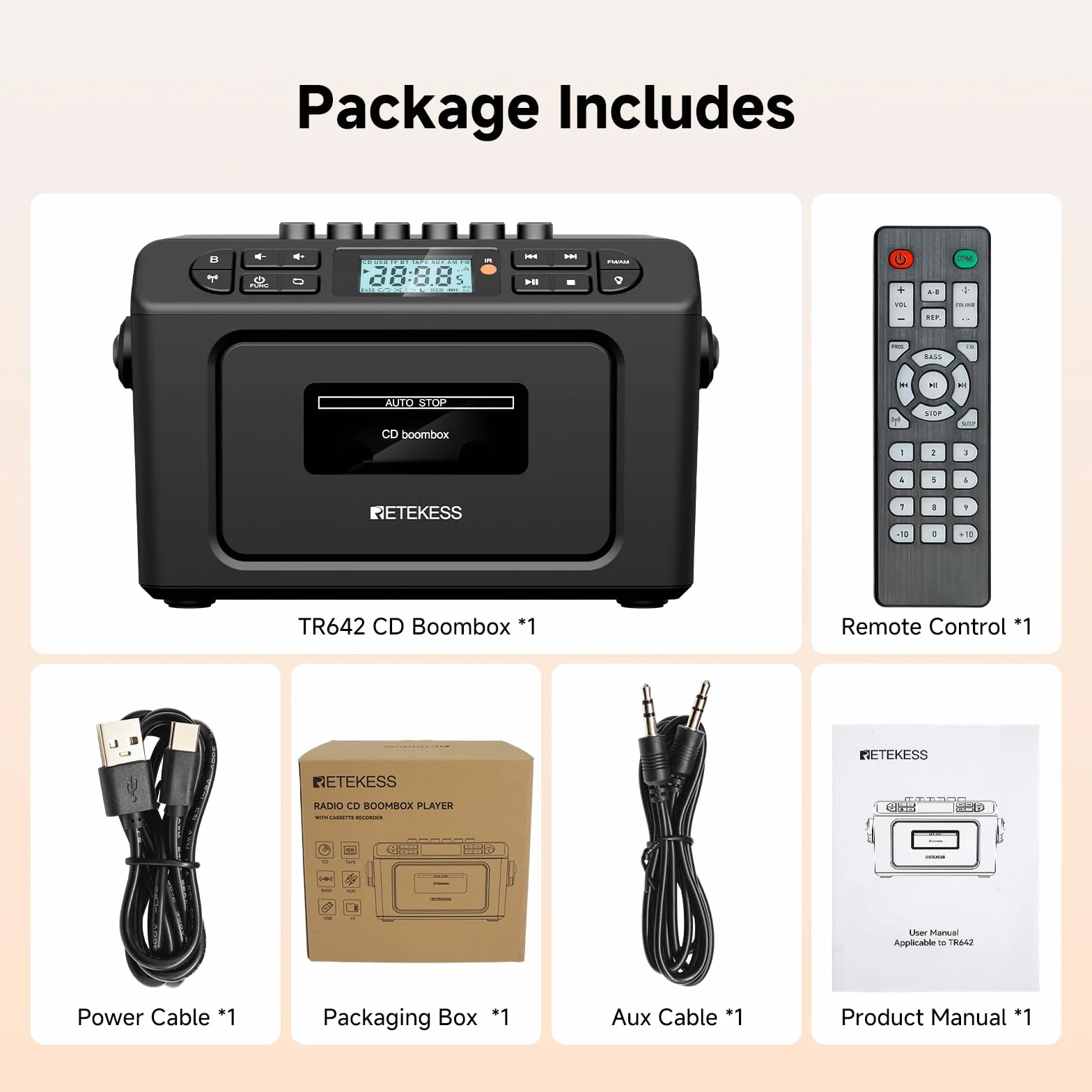 Retekess TR642 Lettore CD Boombox Portatile, Radio con Lettore CD, AM FM Radio, Connettività Wireless, USB/AUX/TF, con Telecomando, Jack per Cuffie, Batterie Ricaricabili, Adatto alle Famiglie
