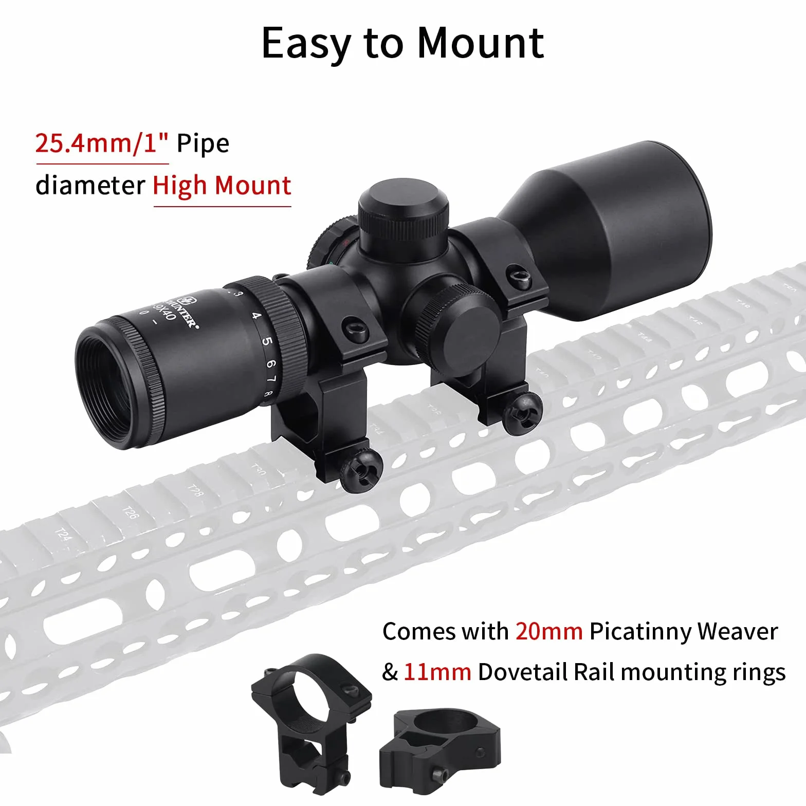 Cannocchiale da Puntamento Tattico 3-9x40E Rifle Scope Mirino Ottico Compatto con Anelli Montaggio Weaver 20 mm
