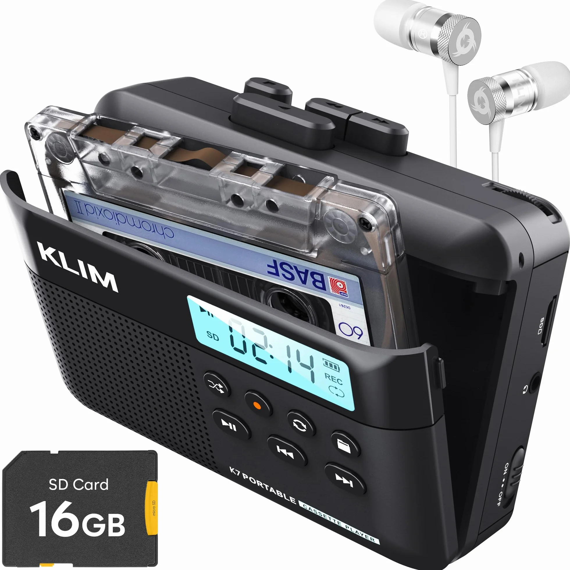 Fusion K7 Cassette Player Convertitore MP3 Portatile con Auricolari, Microfono, Altoparlante, Batteria Ricaricabile, Scheda SD 16GB, Nero