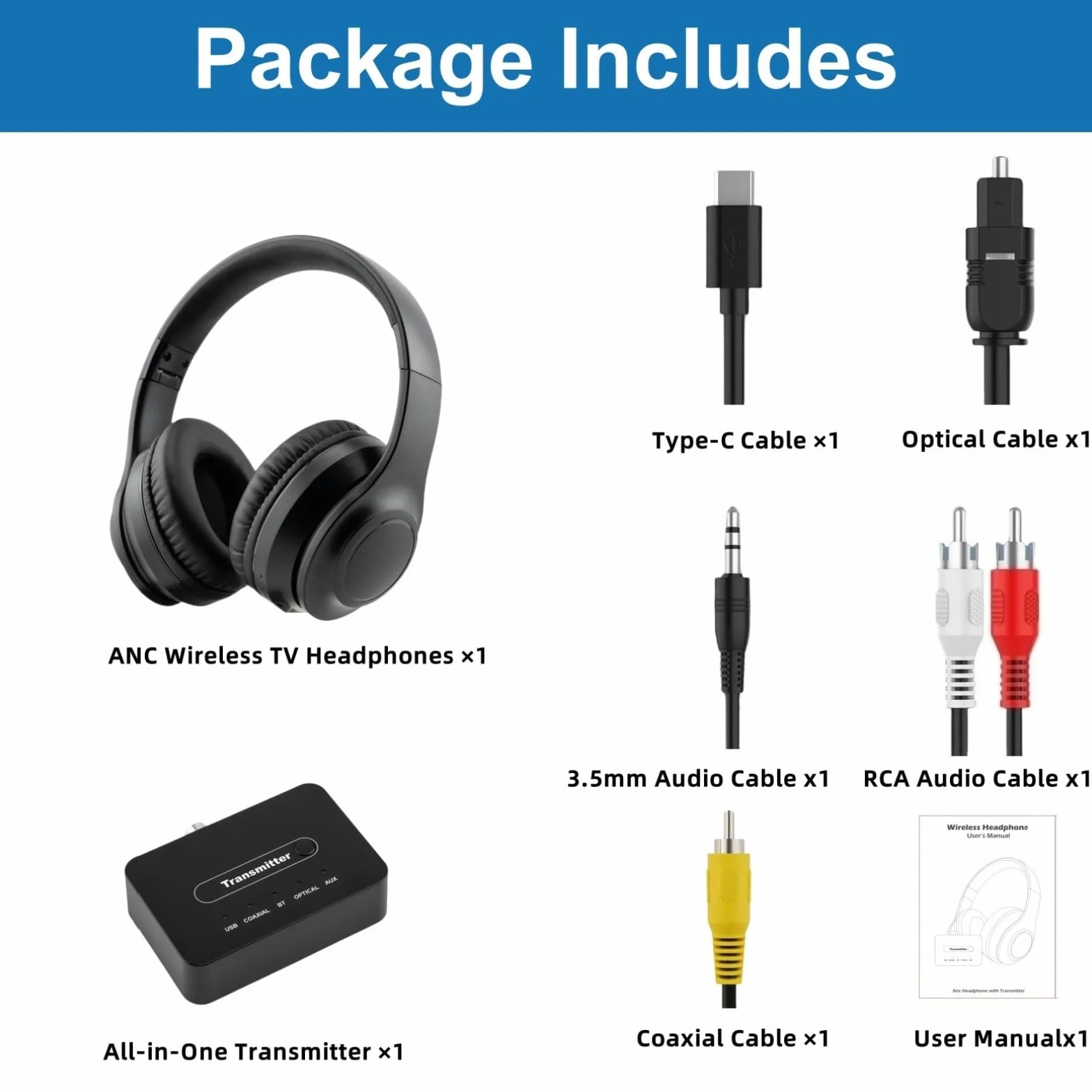 Cuffie TV Senza Fili ANC per Anziani - Riduzione Attiva del Rumore, Pieghevoli Bluetooth 5.3 Cuffie TV con Trasmettitore 5-in-1 (Ottico/Coassiale/USB/RCA/AUX), Audio Hi-Fi, 35H Autonomia