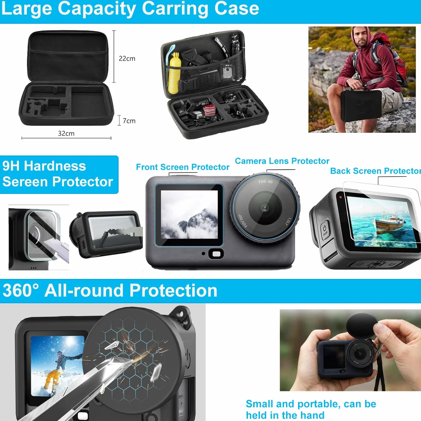 Accessori per DJI Osmo Action 5 Pro/4/3, custodia impermeabile Saprdii, pellicola proteggi schermo, filtro accessori subacquei, supporto per bicicletta selfie stick, supporti per torace/testa/manubrio