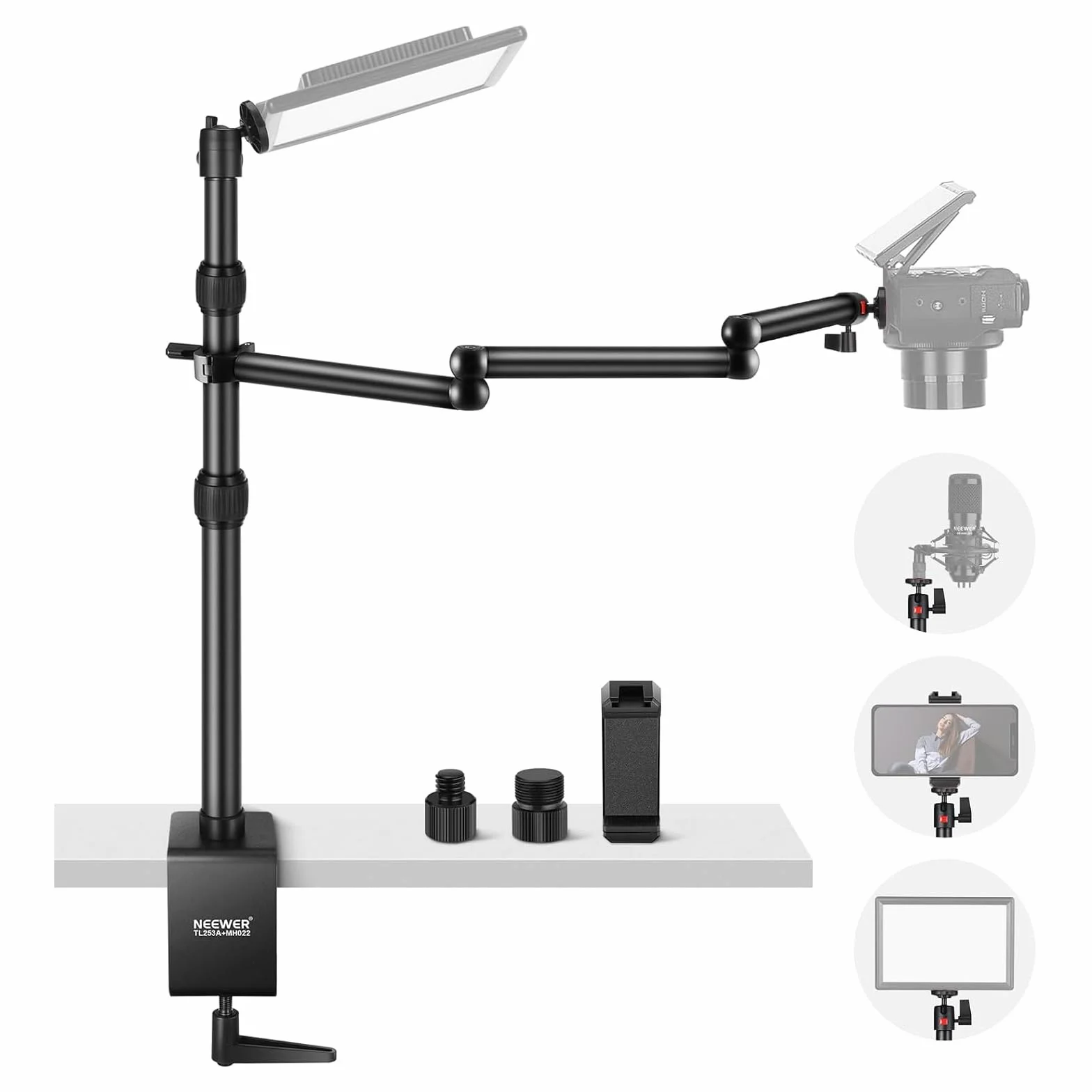 NEEWER Supporto Fotocamera da Alto Aggiornato+Braccio Fotocamera Ripieghevole(Max 2lb),1.2m Supporto Tavolo Telescopico (Max 8,8lb) con Portatelefono Testa Sfera per Luce LED Webcam Mic,TL253A+MH022